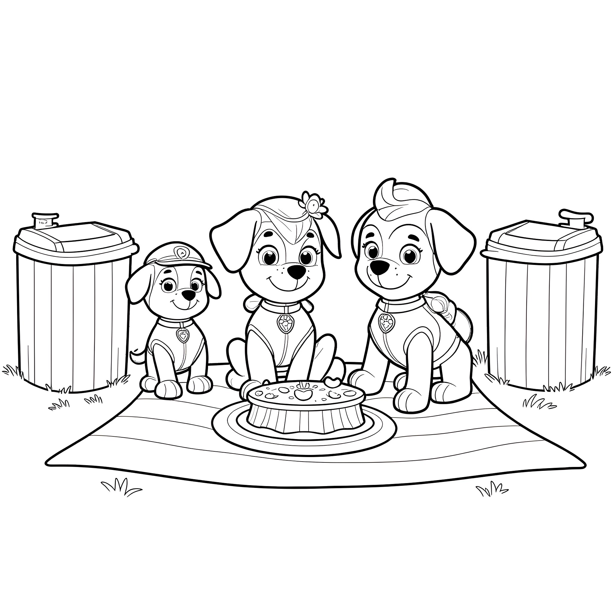 Paw Patrol Puppies Enjoy Picnic Outdoors Coloring Page (free black-and-white line drawing printable PDF for all, from beginners to advanced learners, including children, teens, adults, and seniors)