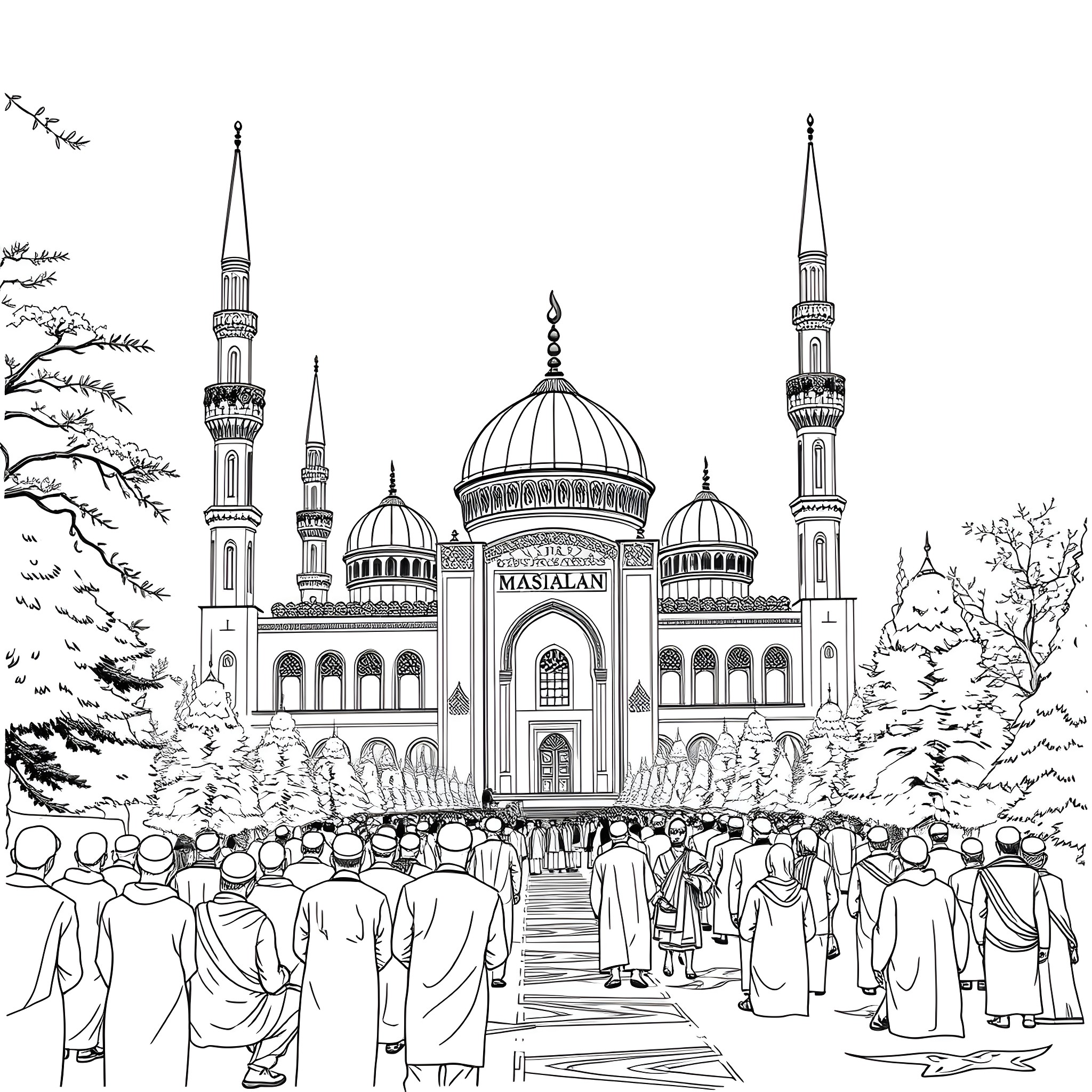 Mosque with worshippers gathered outside Coloring Page (free black-and-white line drawing printable PDF for all, from beginners to advanced learners, including children, teens, adults, and seniors)