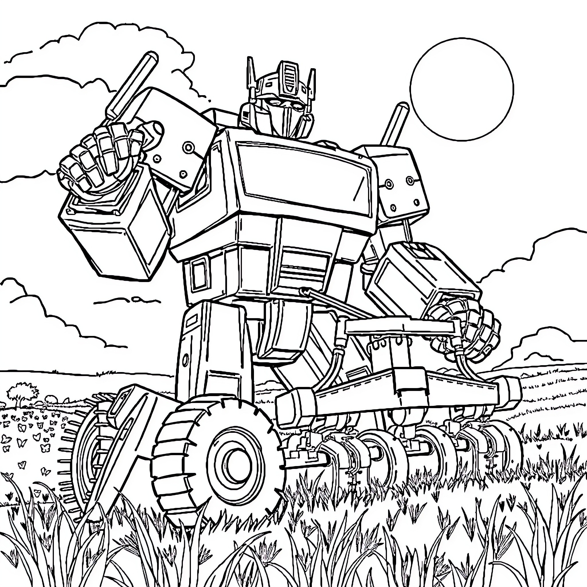Transformer robot in field with clouds Coloring Page (free black-and-white line drawing printable PDF for all, from beginners to advanced learners, including children, teens, adults, and seniors)