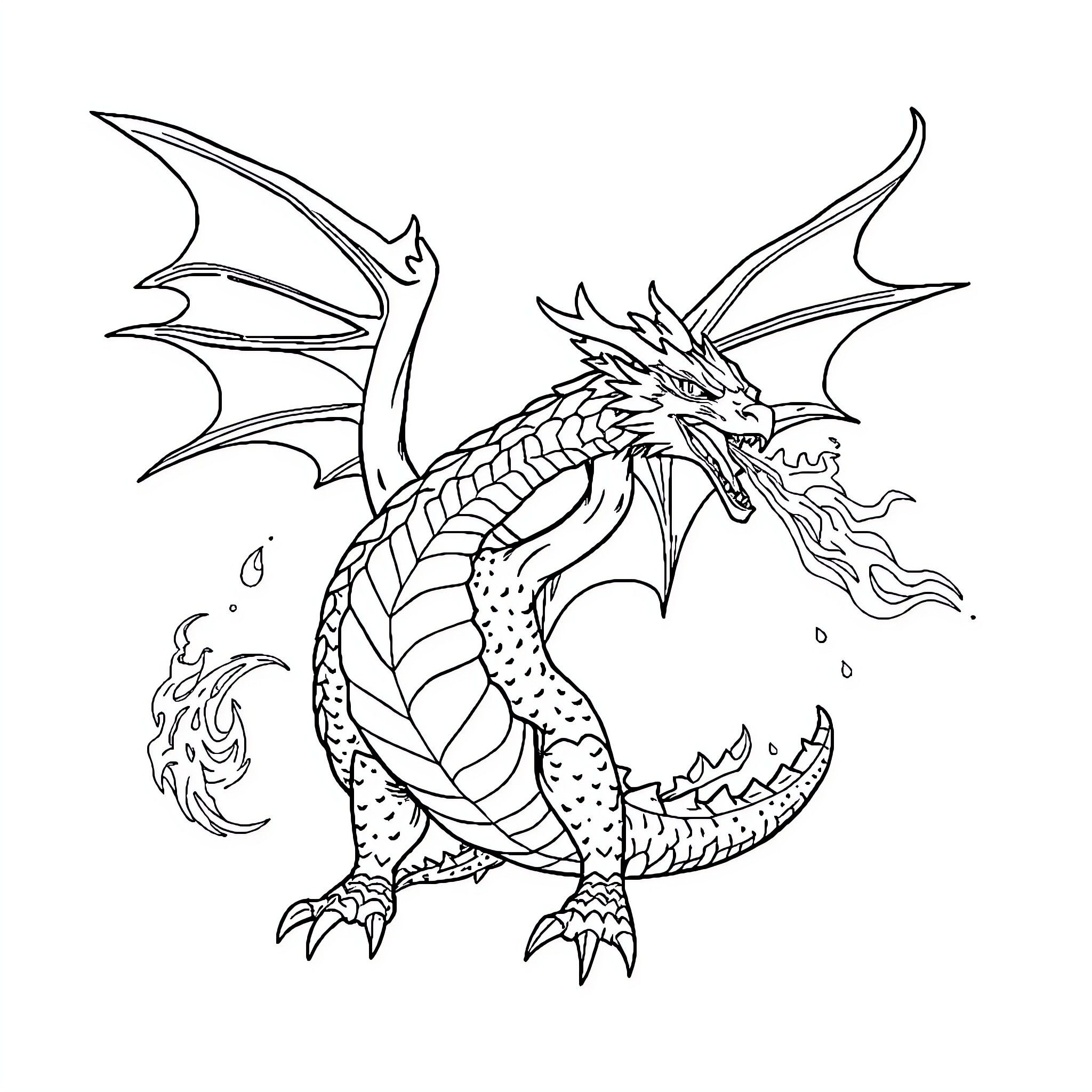 Fire Dragon Breathing Flames and Unleashing Its Power Coloring Page (free black-and-white line drawing printable PDF for all, from beginners to advanced learners, including children, teens, adults, and seniors)