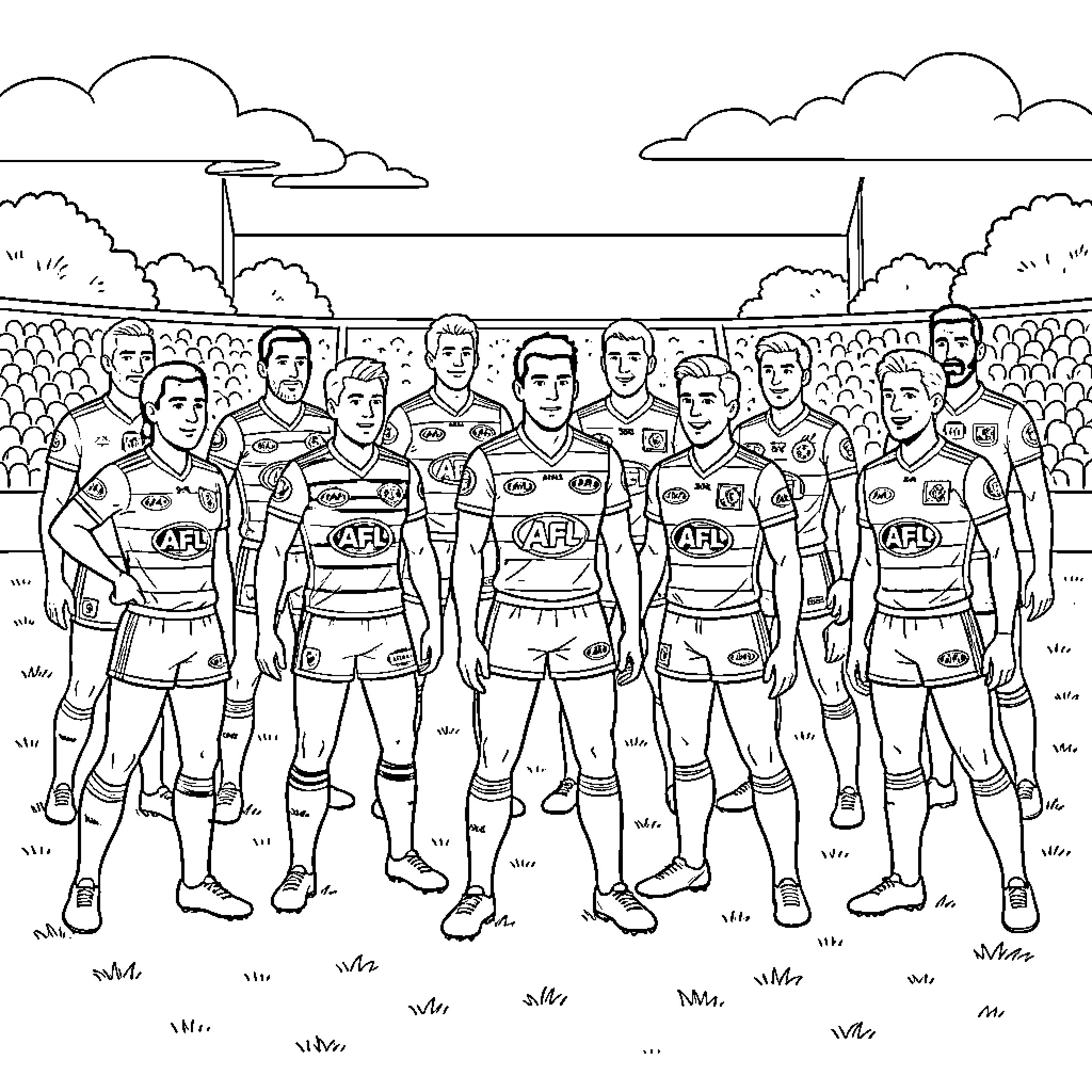 AFL Team Players Gathered on the Field Coloring Page (free black-and-white line drawing printable PDF for all, from beginners to advanced learners, including children, teens, adults, and seniors)