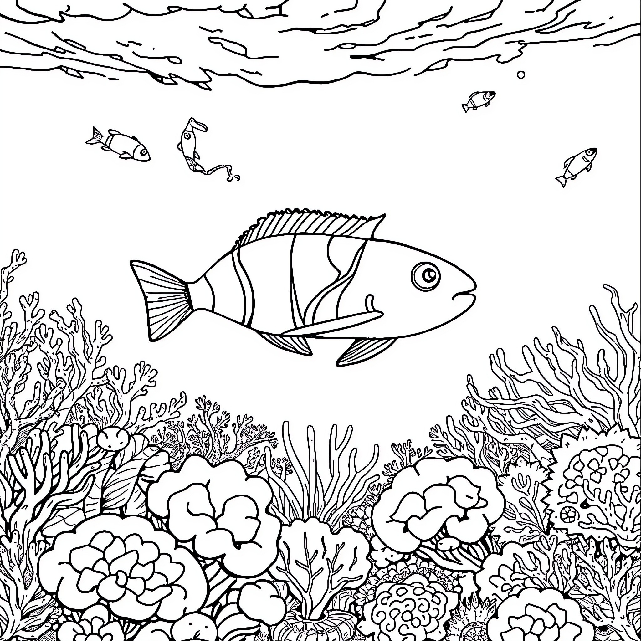 Aquatic Animals swimming among coral reef Coloring Page (free black-and-white line drawing printable PDF for all, from beginners to advanced learners, including children, teens, adults, and seniors)