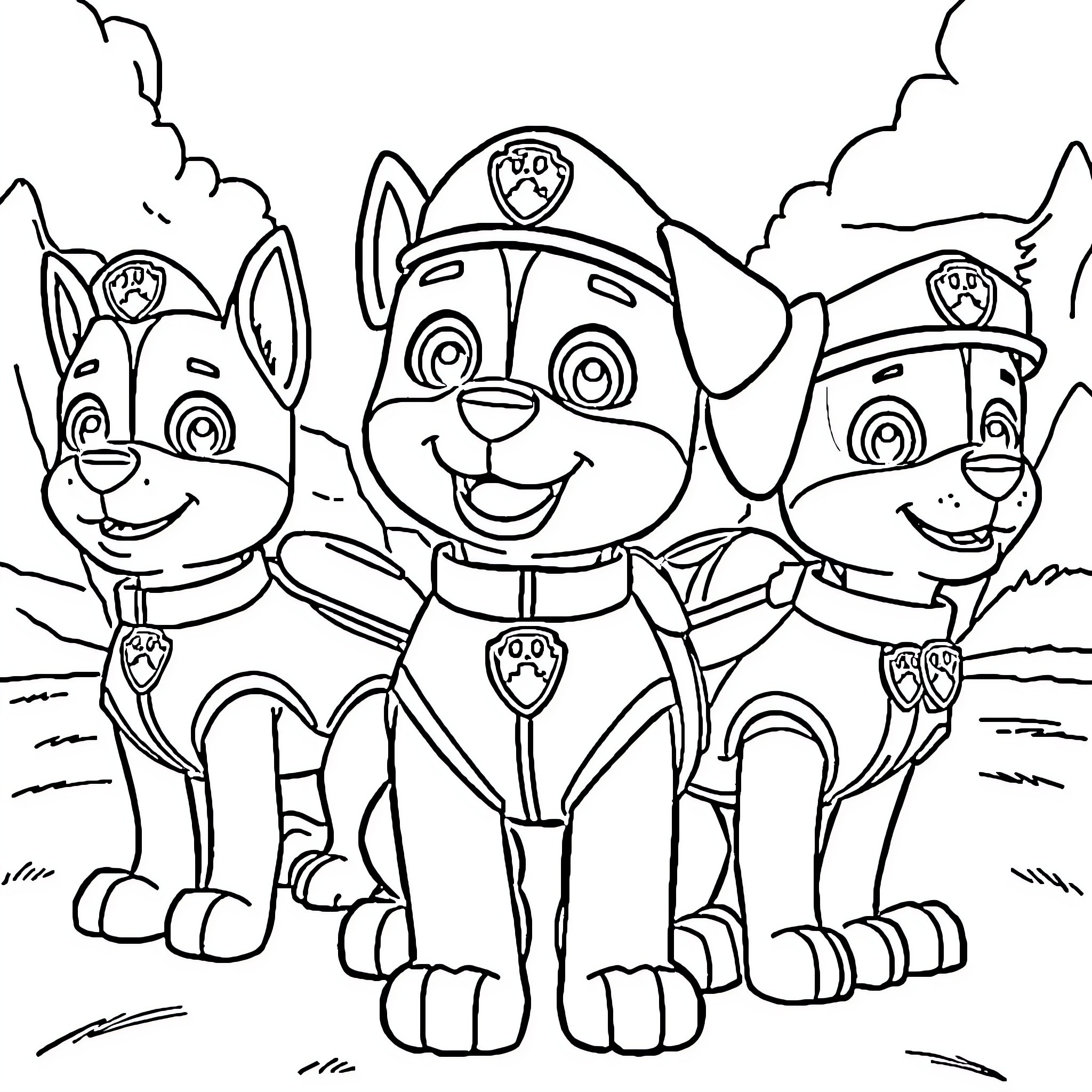 Paw Patrol Trio of Pups in Action Coloring Page (free black-and-white line drawing printable PDF for all, from beginners to advanced learners, including children, teens, adults, and seniors)