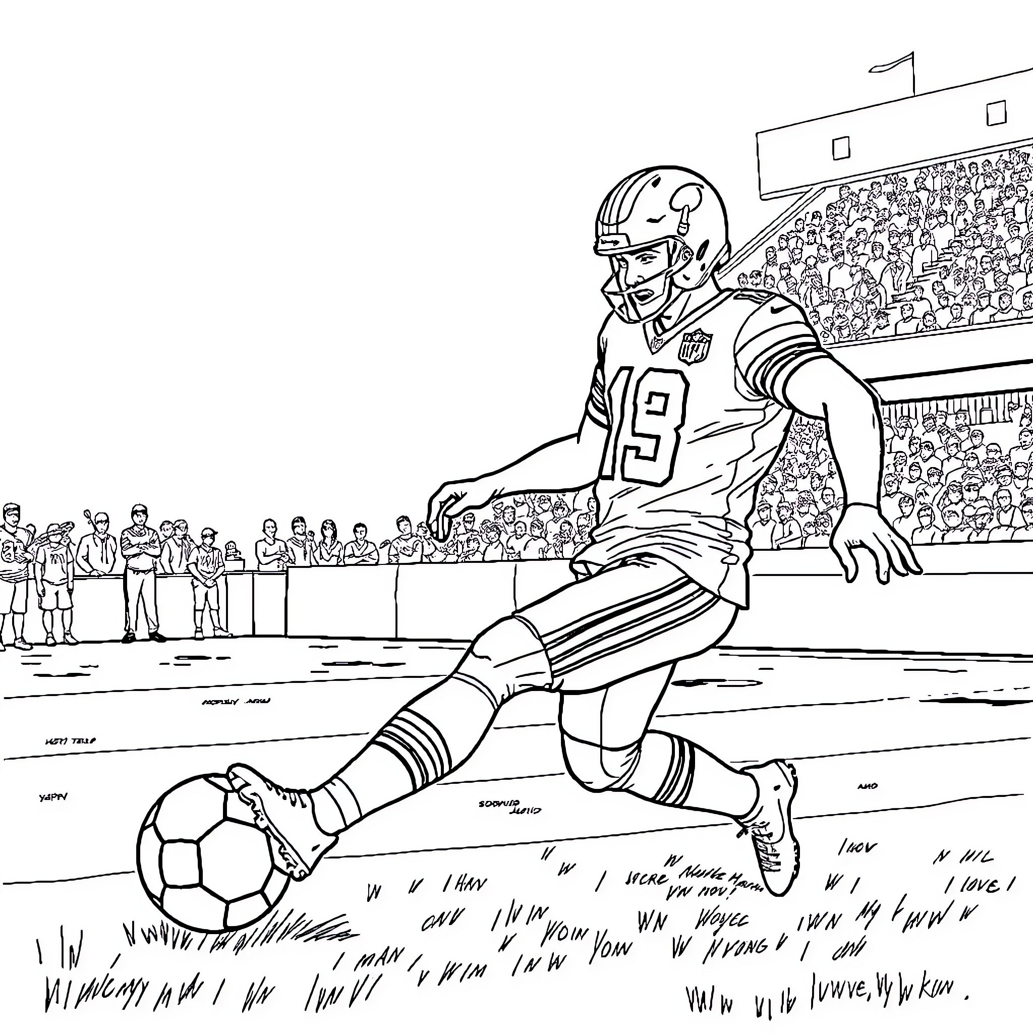 Patrick Mahomes playing football on the field Coloring Page (free black-and-white line drawing printable PDF for all, from beginners to advanced learners, including children, teens, adults, and seniors)
