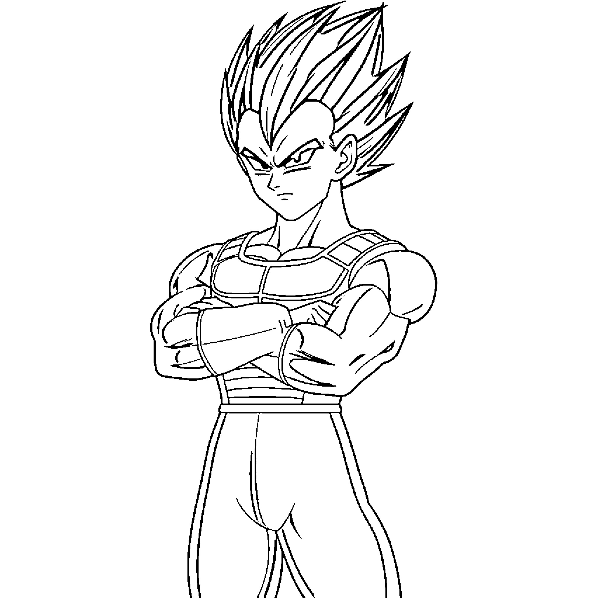 Vegeta in a Powerful Stance Coloring Page (free black-and-white line drawing printable PDF for all, from beginners to advanced learners, including children, teens, adults, and seniors)