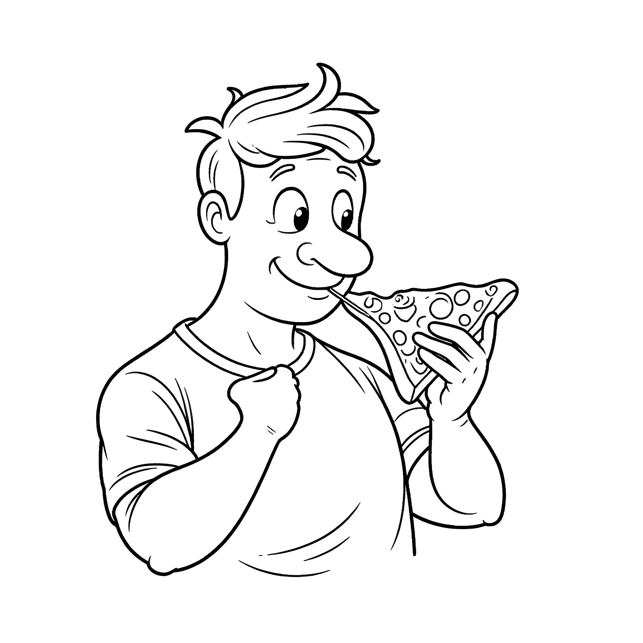 Guy eating pizza happily Coloring Page (free black-and-white line drawing printable PDF for all, from beginners to advanced learners, including children, teens, adults, and seniors)