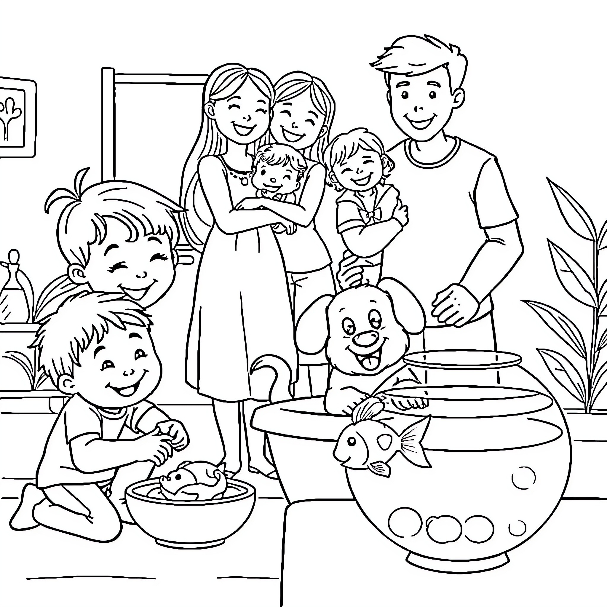 Pet Family enjoying a cozy home scene Coloring Page (free black-and-white line drawing printable PDF for all, from beginners to advanced learners, including children, teens, adults, and seniors)
