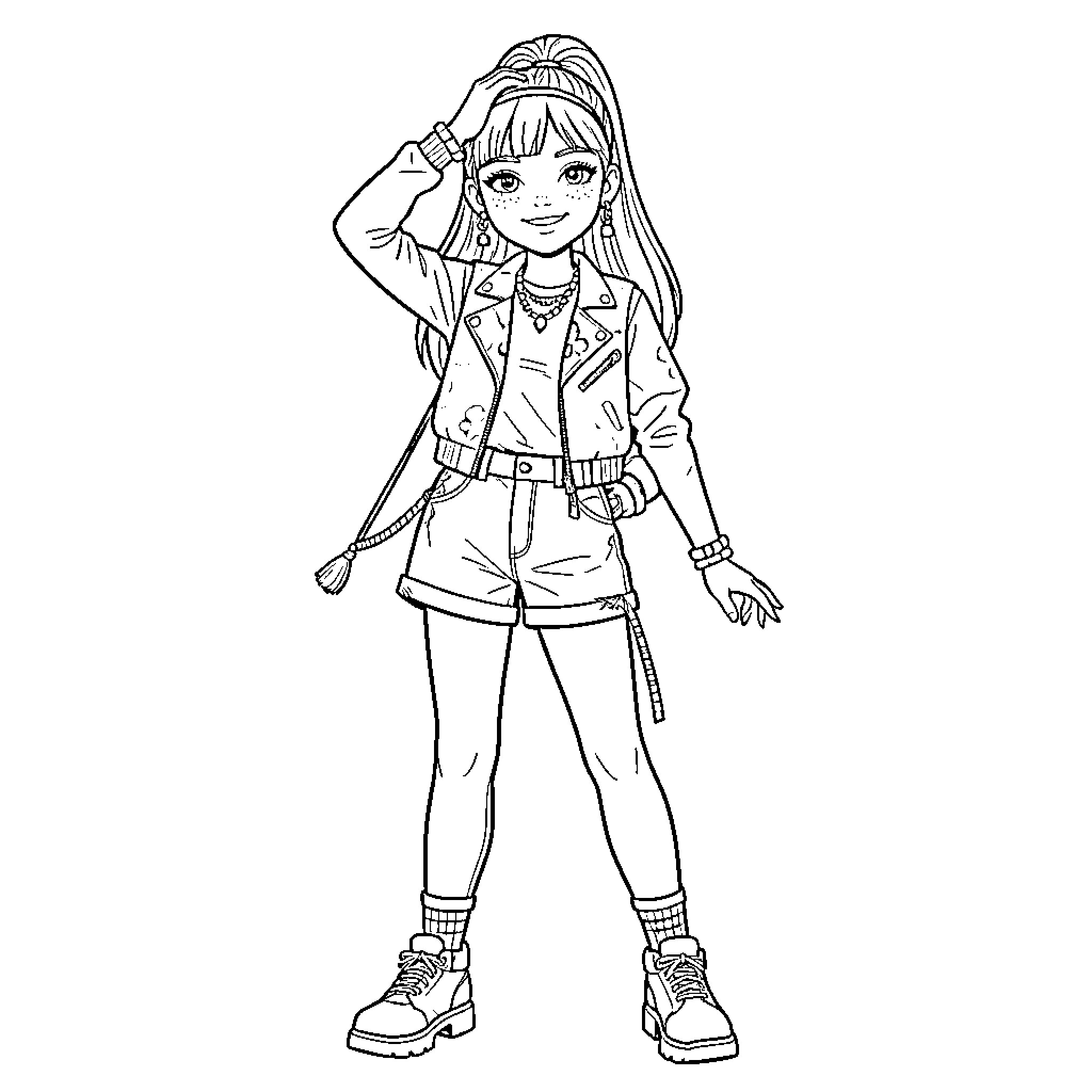 Modern Girl in Casual Outfit Posing Coloring Page (free black-and-white line drawing printable PDF for all, from beginners to advanced learners, including children, teens, adults, and seniors)