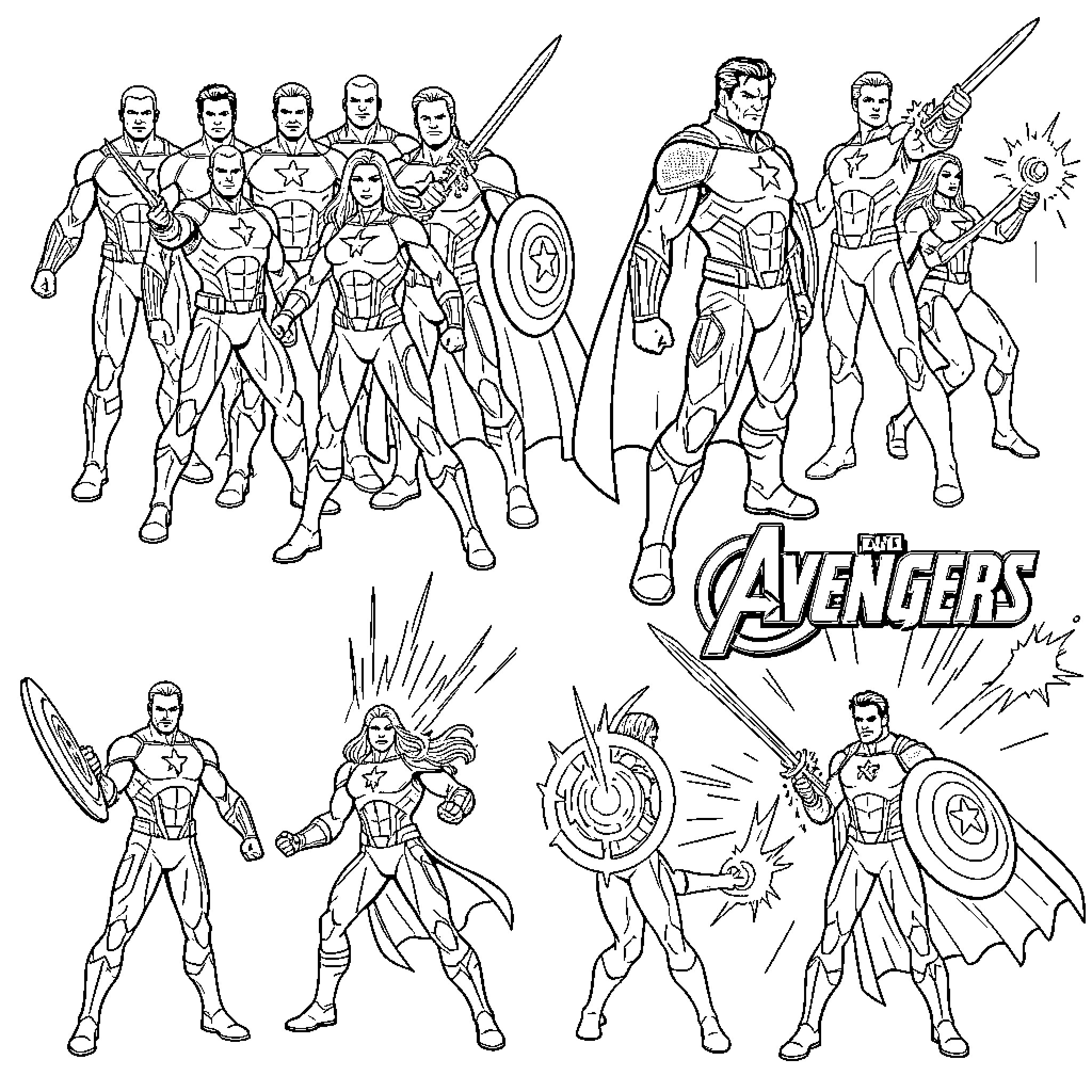 Avenger heroes in action with various powers and equipment Coloring Page (free black-and-white line drawing printable PDF for all, from beginners to advanced learners, including children, teens, adults, and seniors)