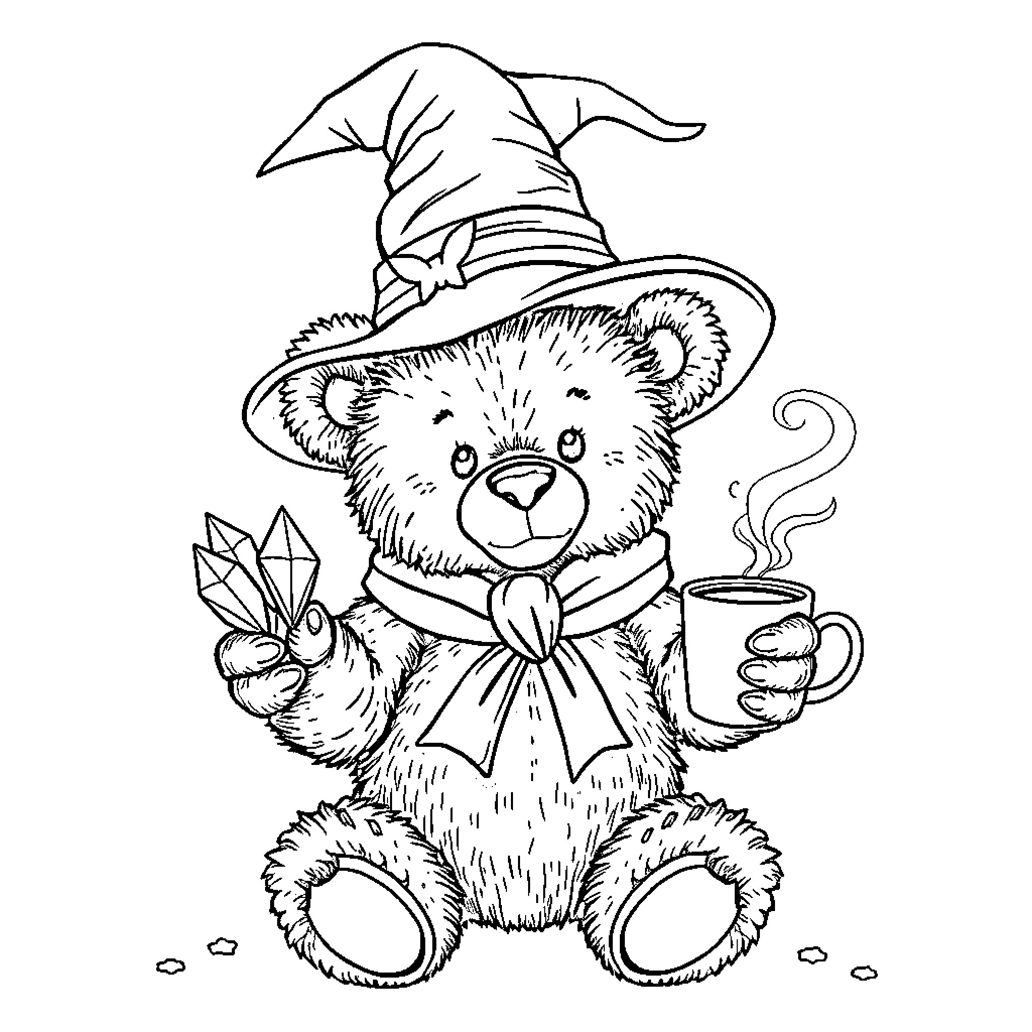 Teddy Bear Witch with Crystal and Hot Beverage Coloring Page (free black-and-white line drawing printable PDF for all, from beginners to advanced learners, including children, teens, adults, and seniors)