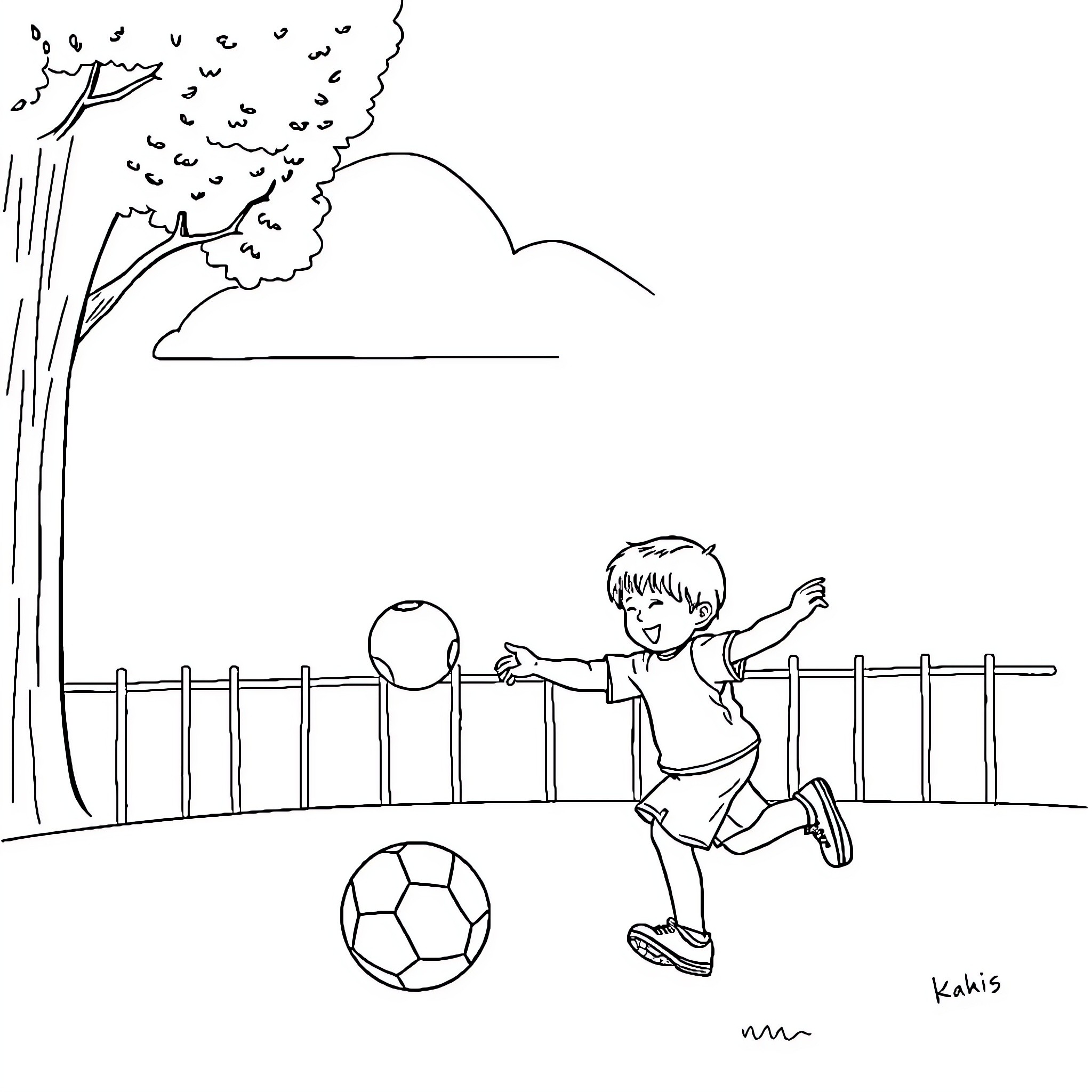 Child playing with soccer ball outdoors Coloring Page (free black-and-white line drawing printable PDF for all, from beginners to advanced learners, including children, teens, adults, and seniors)