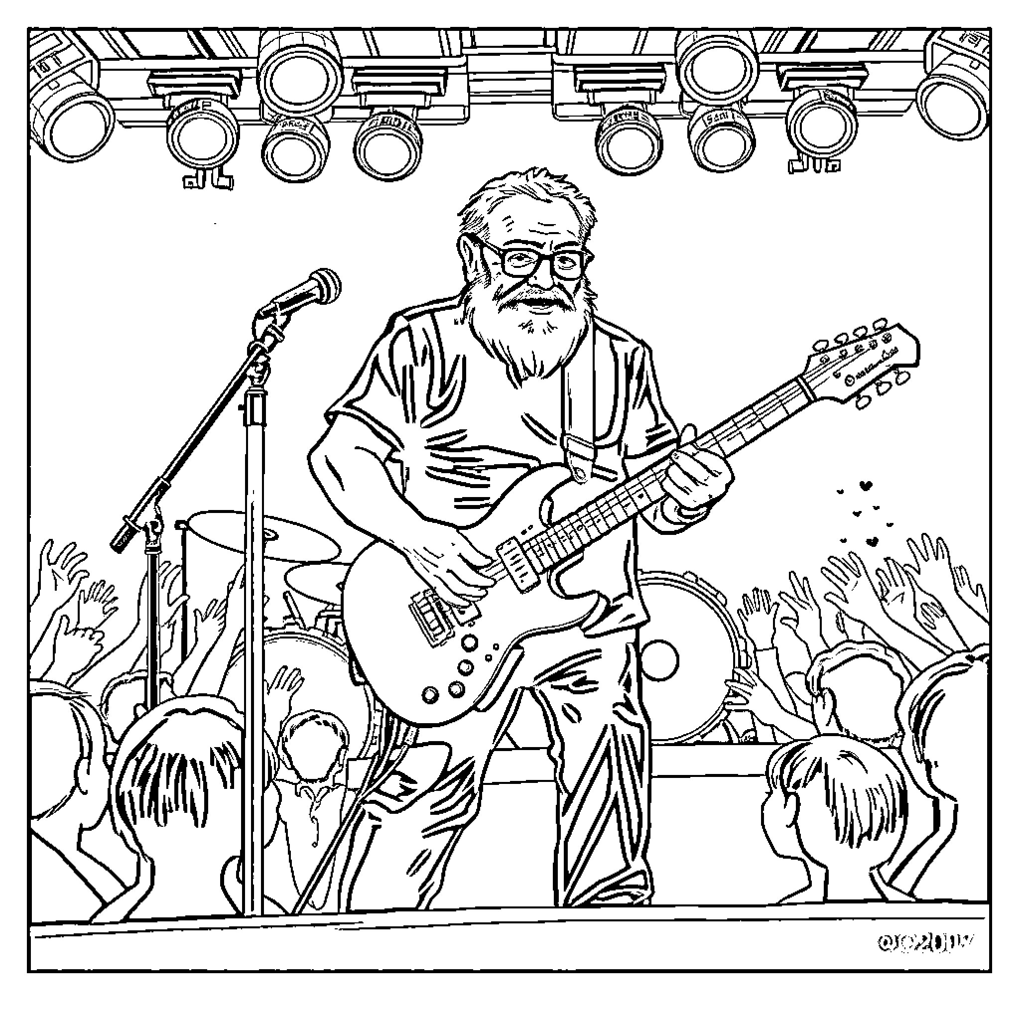 Grandpa Rocks the Stage with Guitar Performance Coloring Page (free black-and-white line drawing printable PDF for all, from beginners to advanced learners, including children, teens, adults, and seniors)