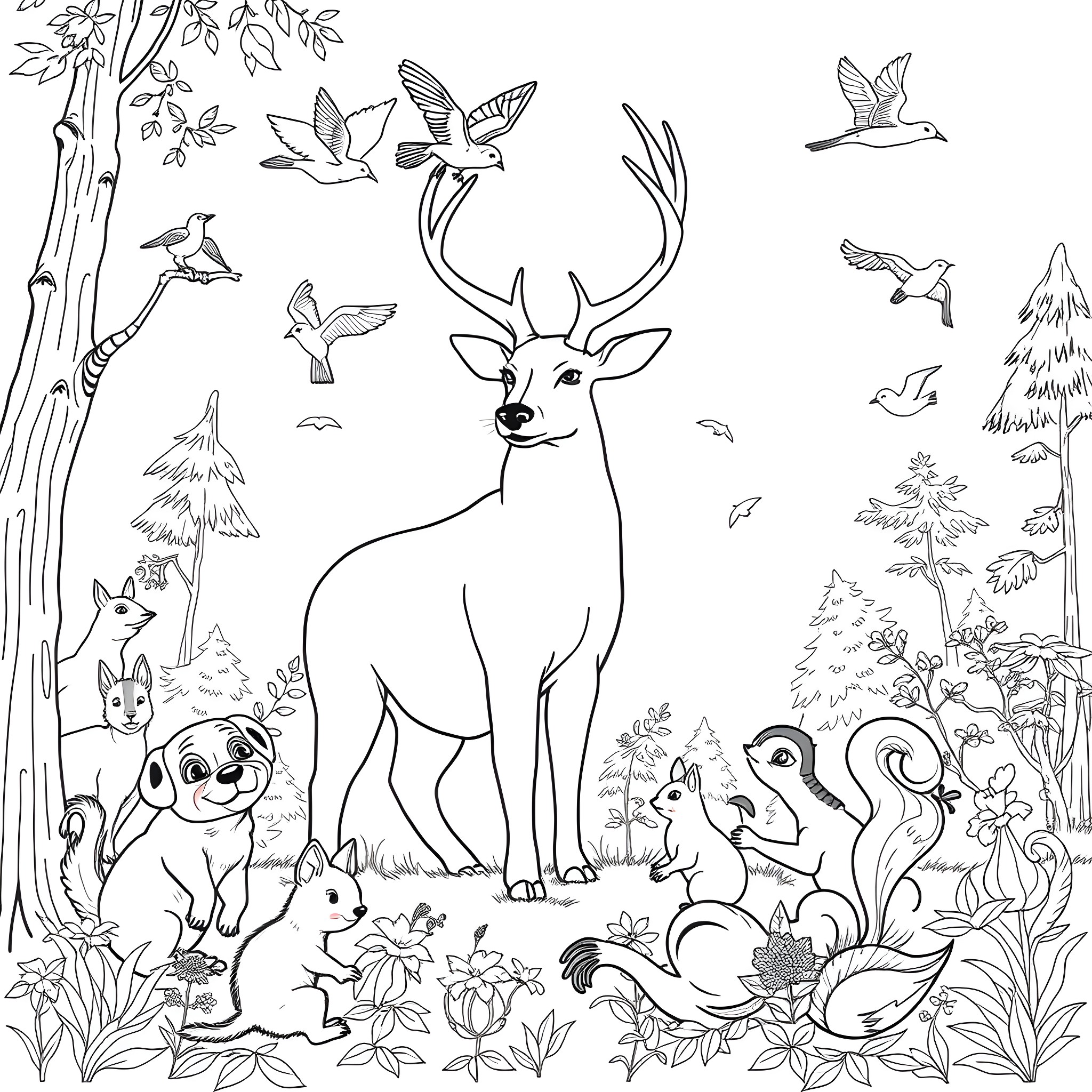 Animal Forest Scene with Deer and Other Wildlife Coloring Page (free black-and-white line drawing printable PDF for all, from beginners to advanced learners, including children, teens, adults, and seniors)