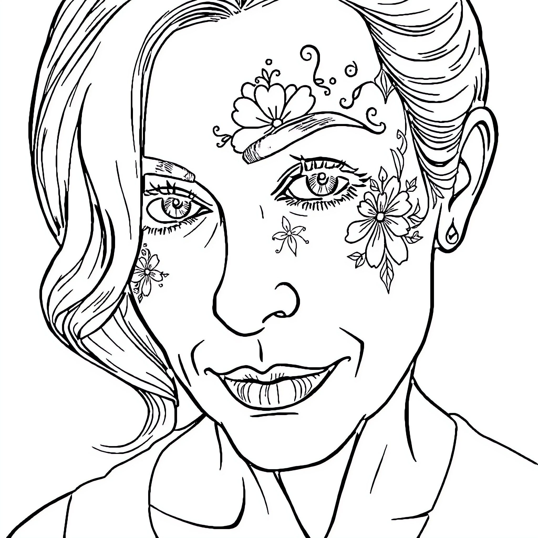 Tattoo of a woman's face with floral designs Coloring Page (free black-and-white line drawing printable PDF for all, from beginners to advanced learners, including children, teens, adults, and seniors)