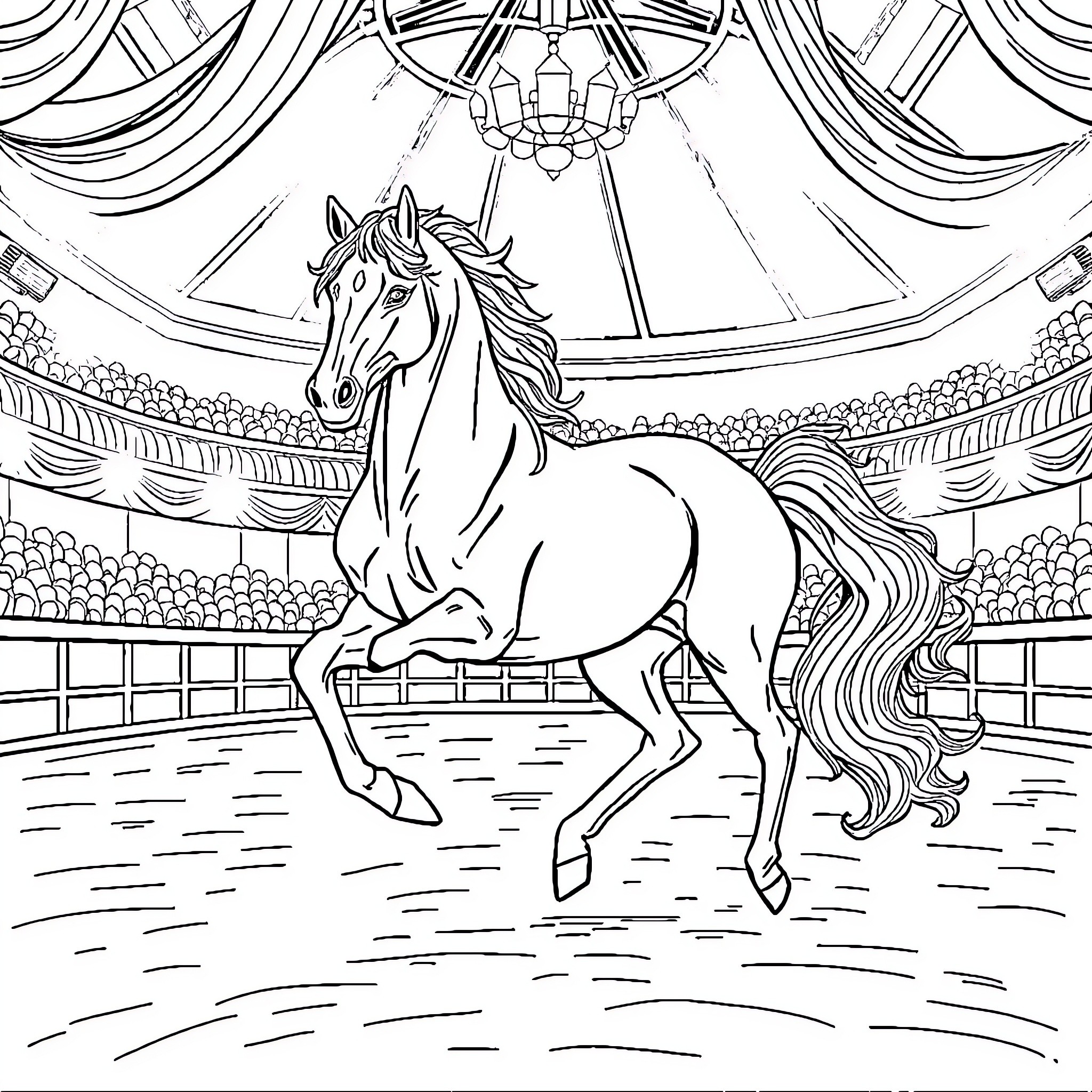 Horse performing tricks in the circus arena Coloring Page (free black-and-white line drawing printable PDF for all, from beginners to advanced learners, including children, teens, adults, and seniors)