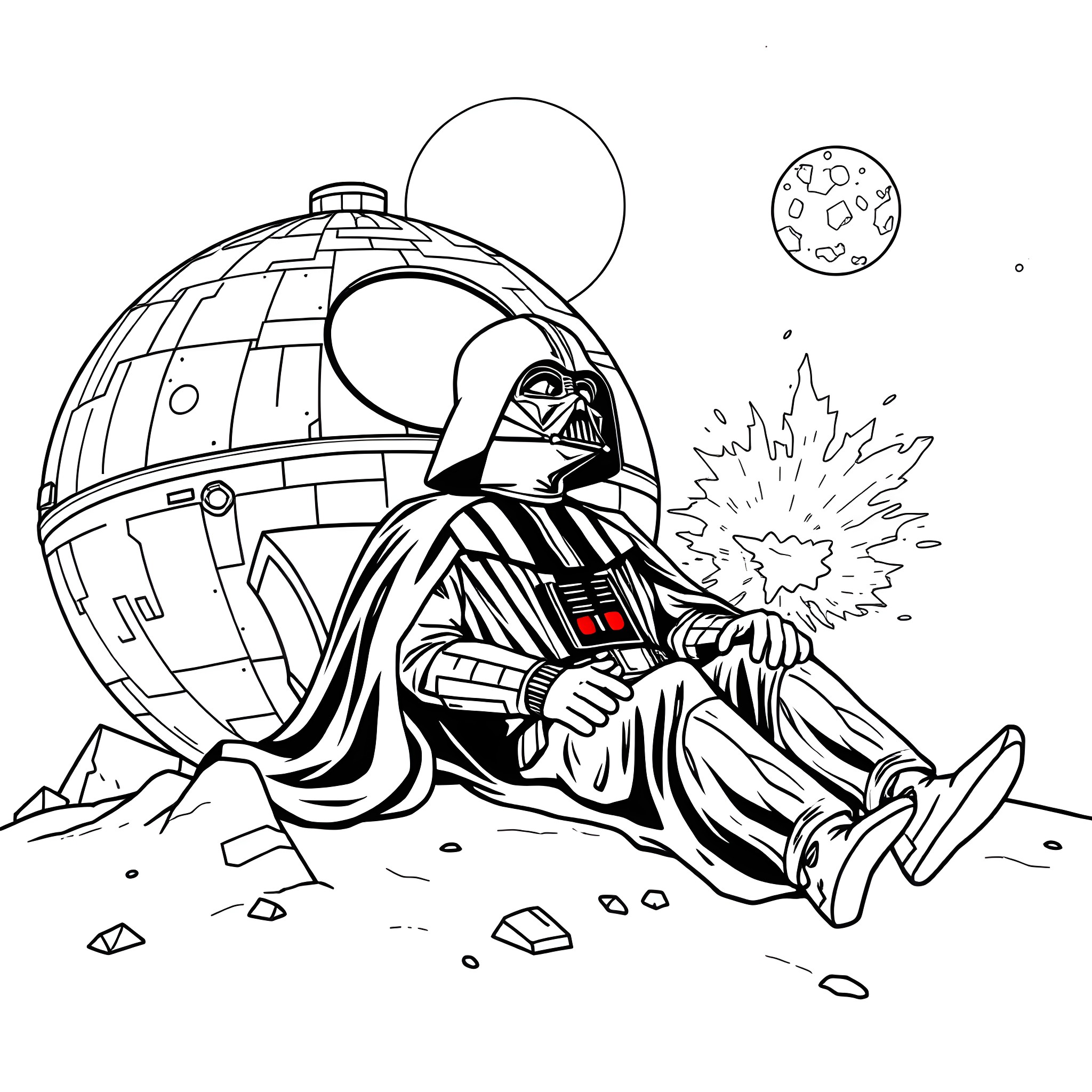 Darth Vader lounging on the moon Coloring Page (free black-and-white line drawing printable PDF for all, from beginners to advanced learners, including children, teens, adults, and seniors)