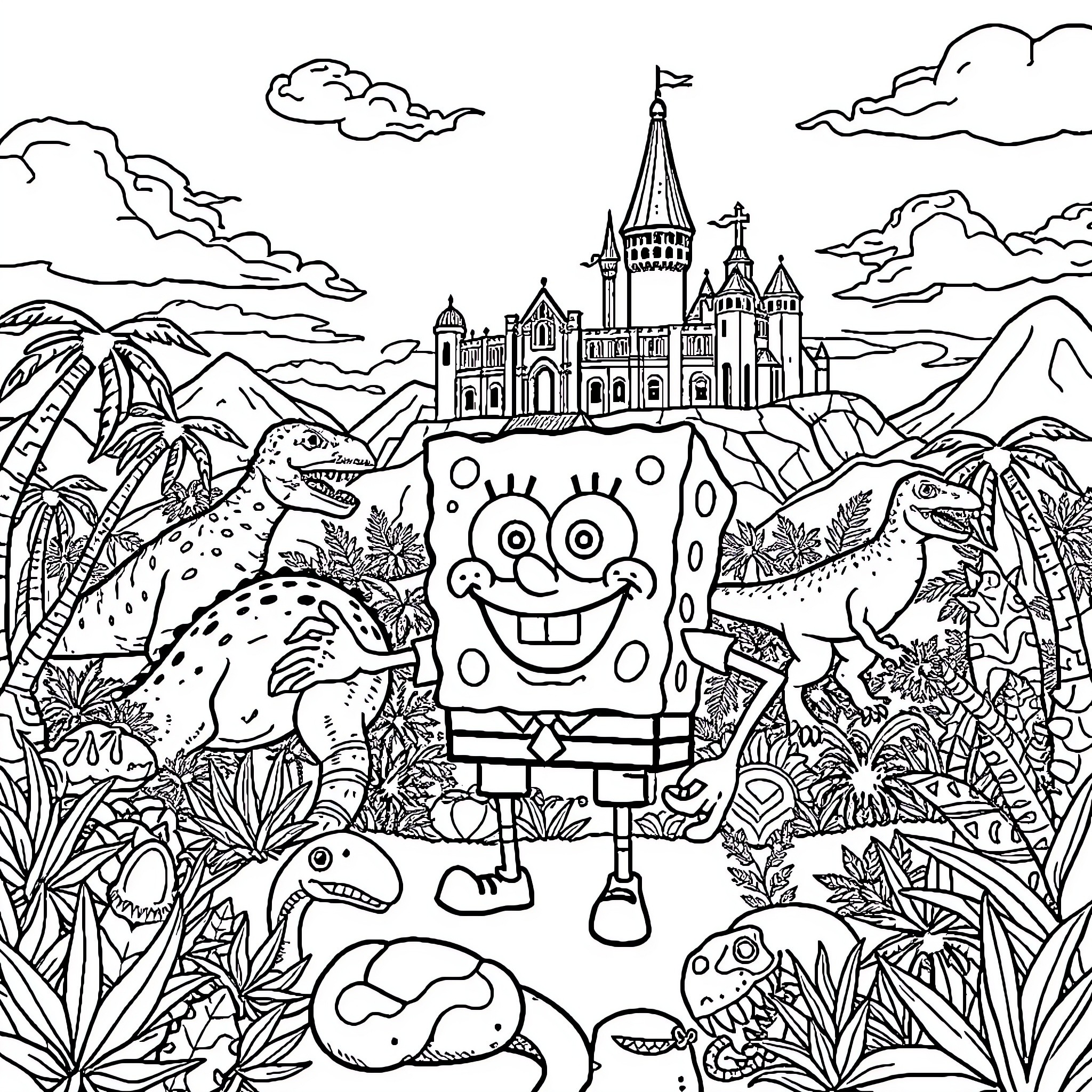 Spongebob's Fantastical Adventure in the Enchanted Castle Coloring Page (free black-and-white line drawing printable PDF for all, from beginners to advanced learners, including children, teens, adults, and seniors)