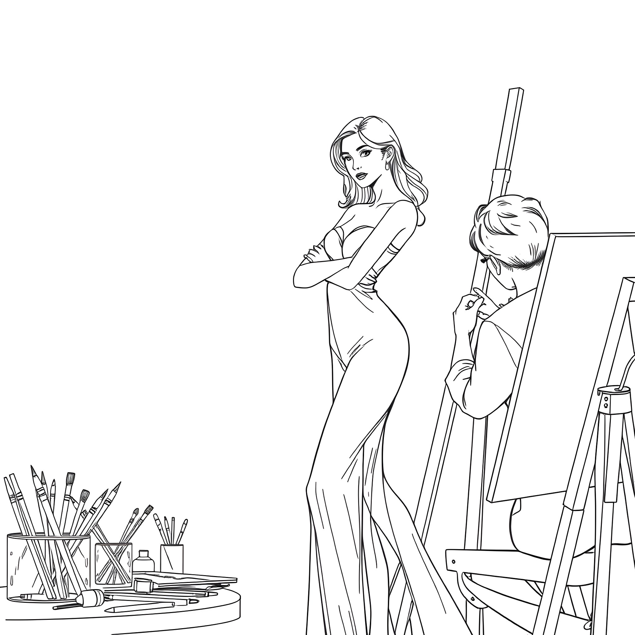 Woman painting in studio with art supplies Coloring Page (free black-and-white line drawing printable PDF for all, from beginners to advanced learners, including children, teens, adults, and seniors)