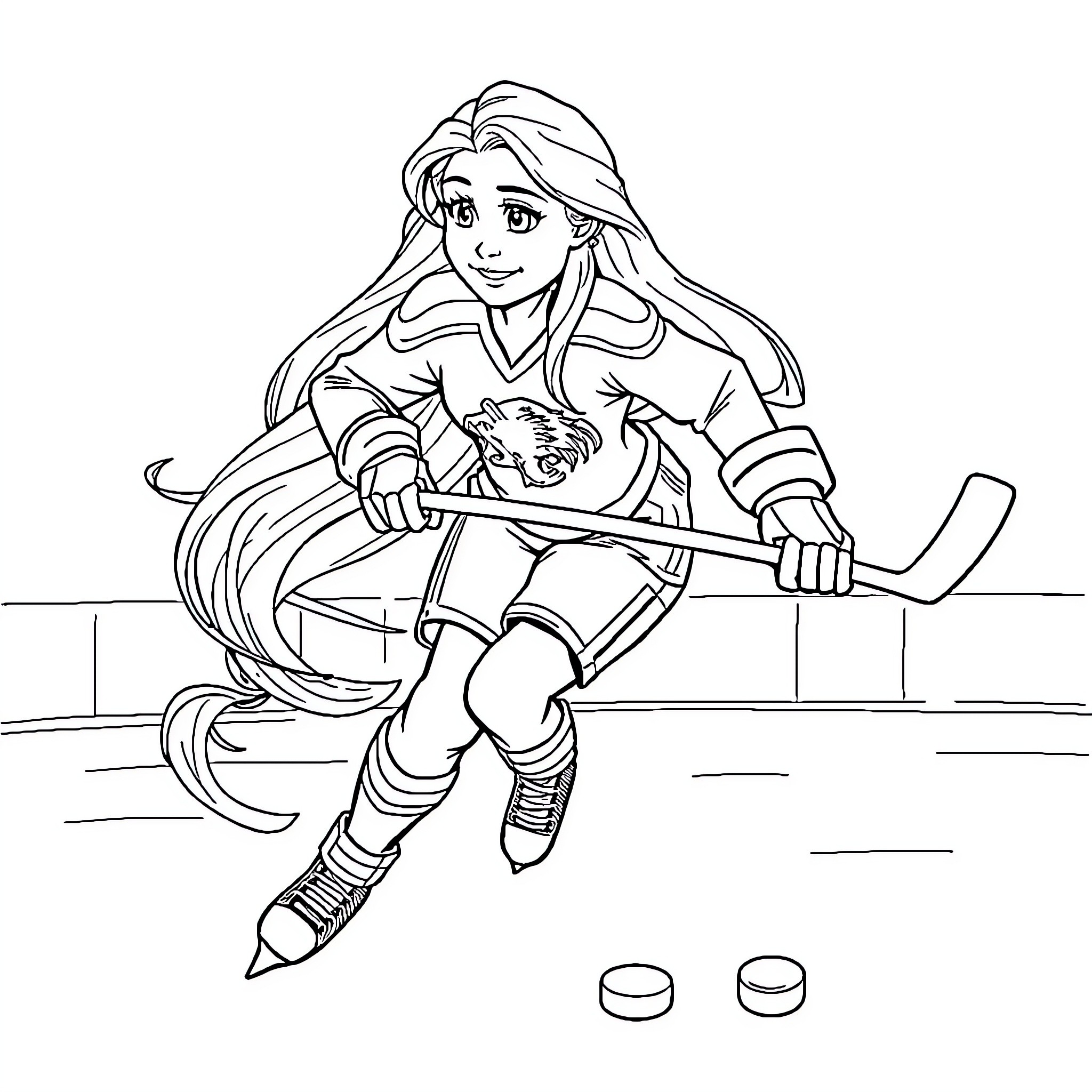 Rapunzel playing hockey on the ice rink Coloring Page (free black-and-white line drawing printable PDF for all, from beginners to advanced learners, including children, teens, adults, and seniors)