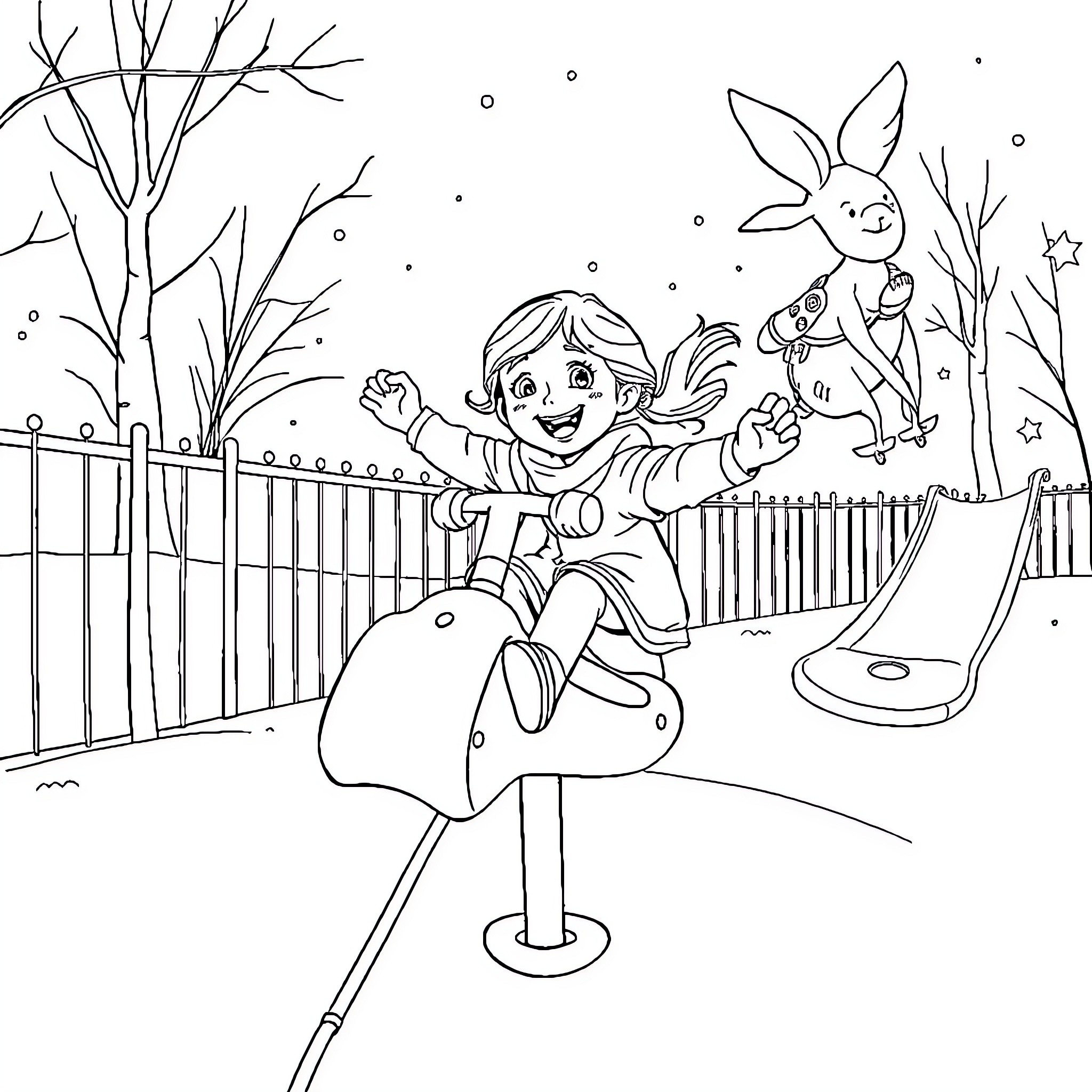 Fille playing happily on a swing in the park Coloring Page (free black-and-white line drawing printable PDF for all, from beginners to advanced learners, including children, teens, adults, and seniors)