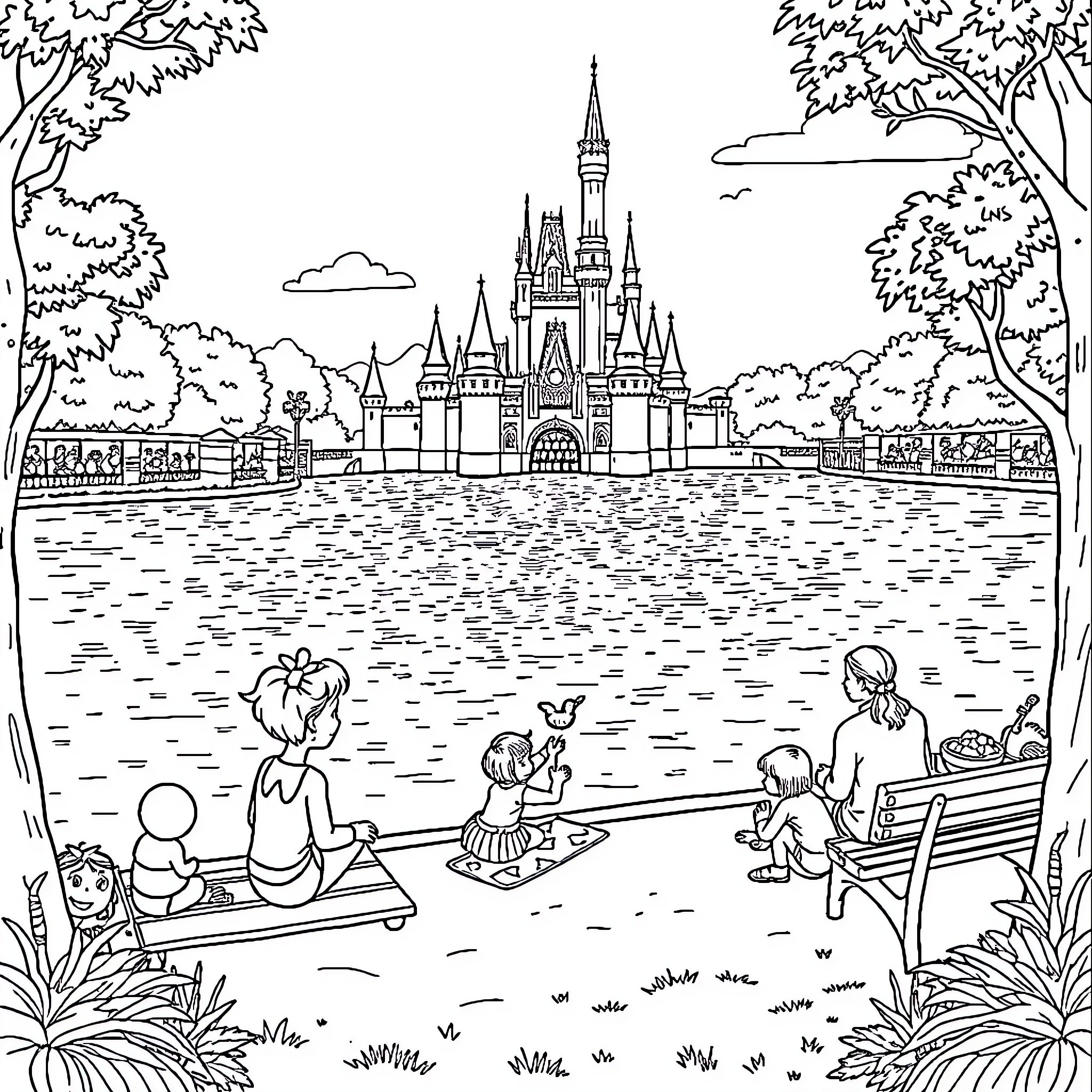 Disney characters enjoying a day at the magical castle Coloring Page (free black-and-white line drawing printable PDF for all, from beginners to advanced learners, including children, teens, adults, and seniors)
