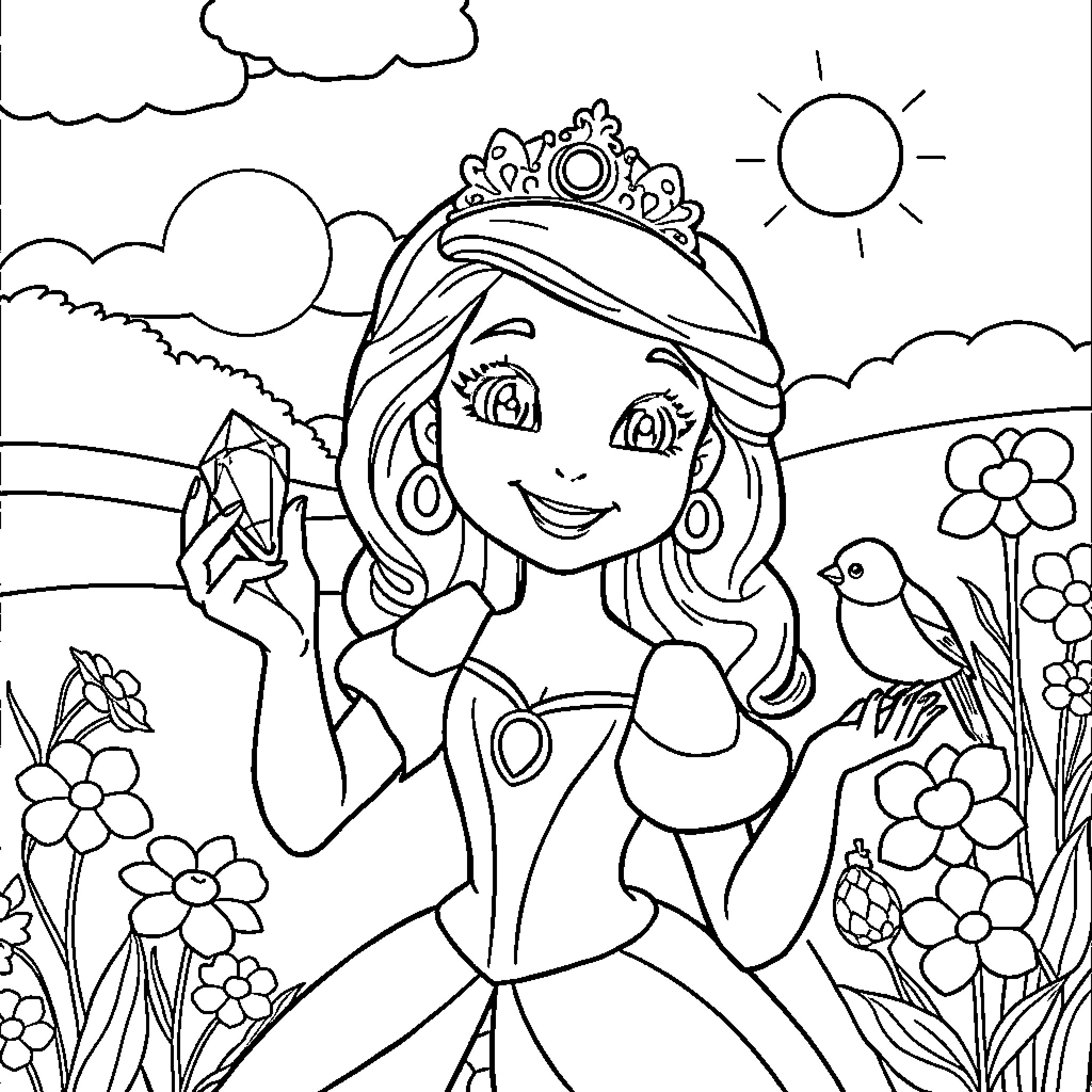 Princess exploring a colorful garden Coloring Page (free black-and-white line drawing printable PDF for all, from beginners to advanced learners, including children, teens, adults, and seniors)