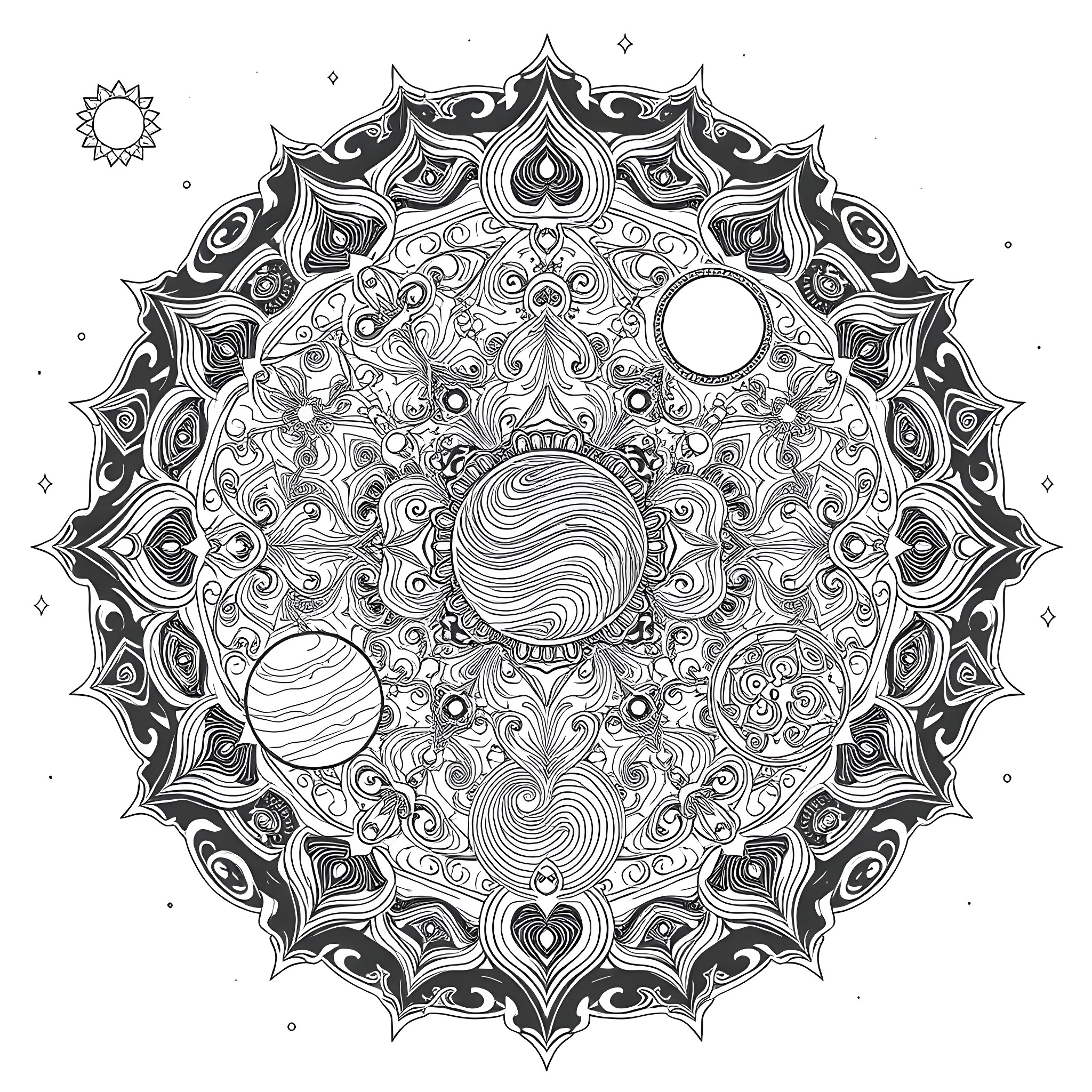 Mandala with intricate cosmic patterns and symbols Coloring Page (free black-and-white line drawing printable PDF for all, from beginners to advanced learners, including children, teens, adults, and seniors)