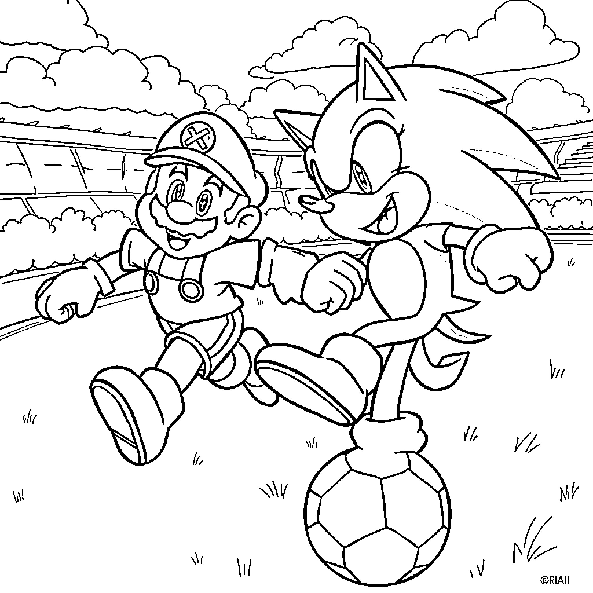 Mario Bros. Characters Playing Soccer in Outdoor Scene Coloring Page (free black-and-white line drawing printable PDF for all, from beginners to advanced learners, including children, teens, adults, and seniors)