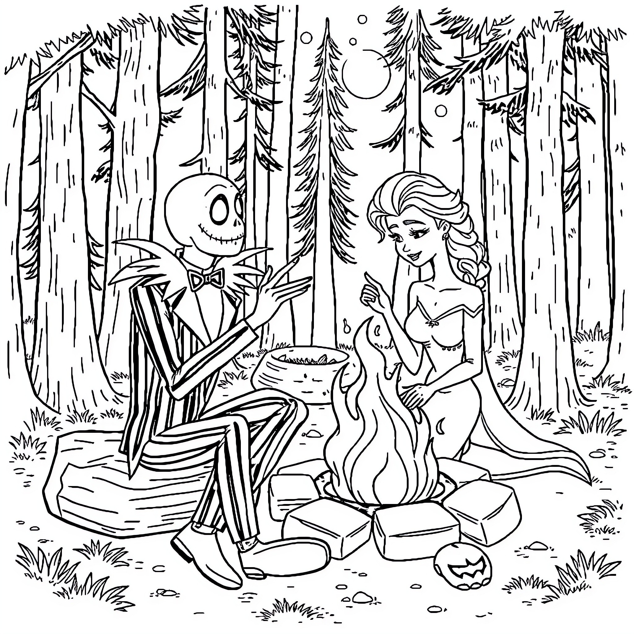 Beetlejuice and Bride in Enchanted Forest Coloring Page (free black-and-white line drawing printable PDF for all, from beginners to advanced learners, including children, teens, adults, and seniors)