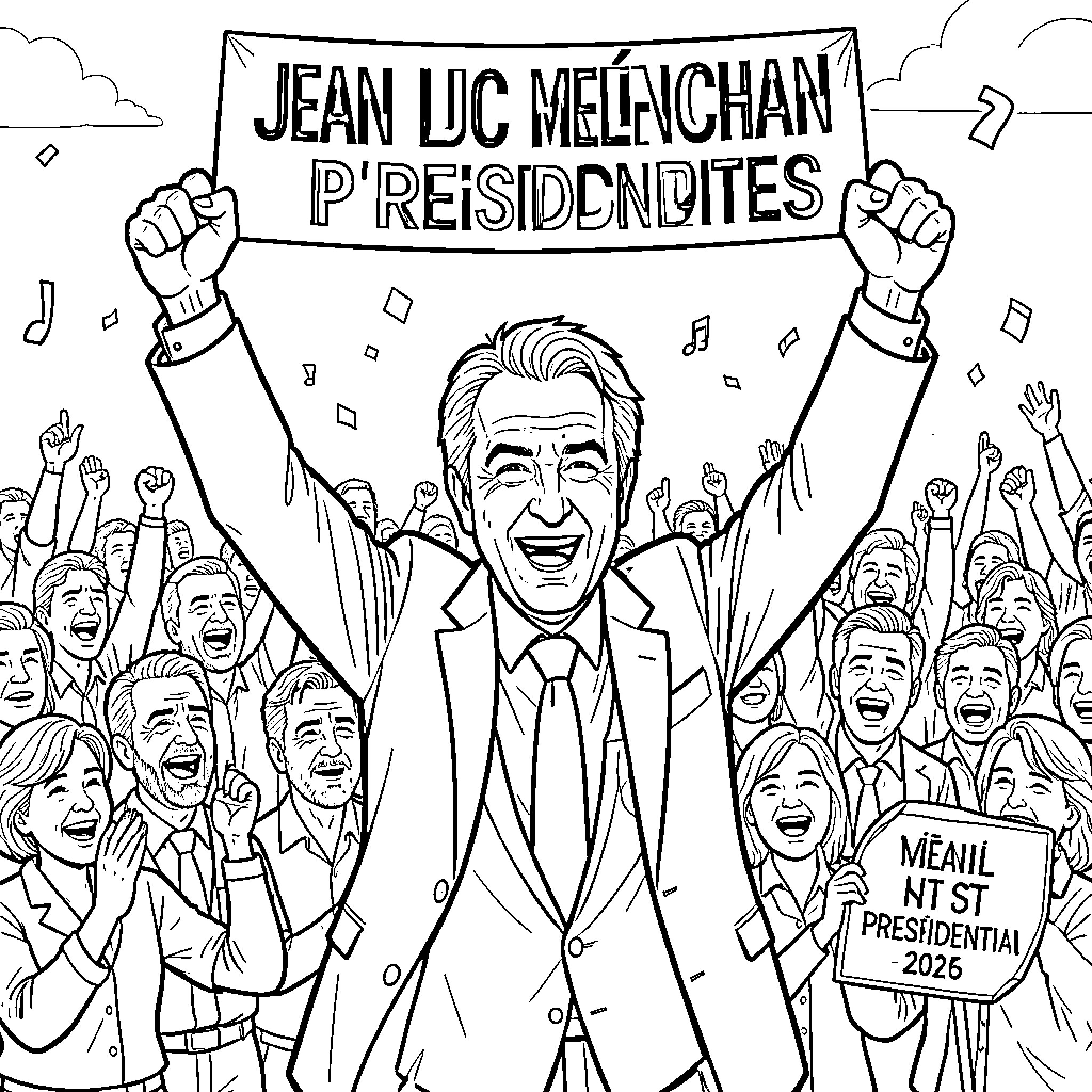 Jean Luc Mélenchon celebrating joyfully with a cheering crowd Coloring Page (free black-and-white line drawing printable PDF for all, from beginners to advanced learners, including children, teens, adults, and seniors)