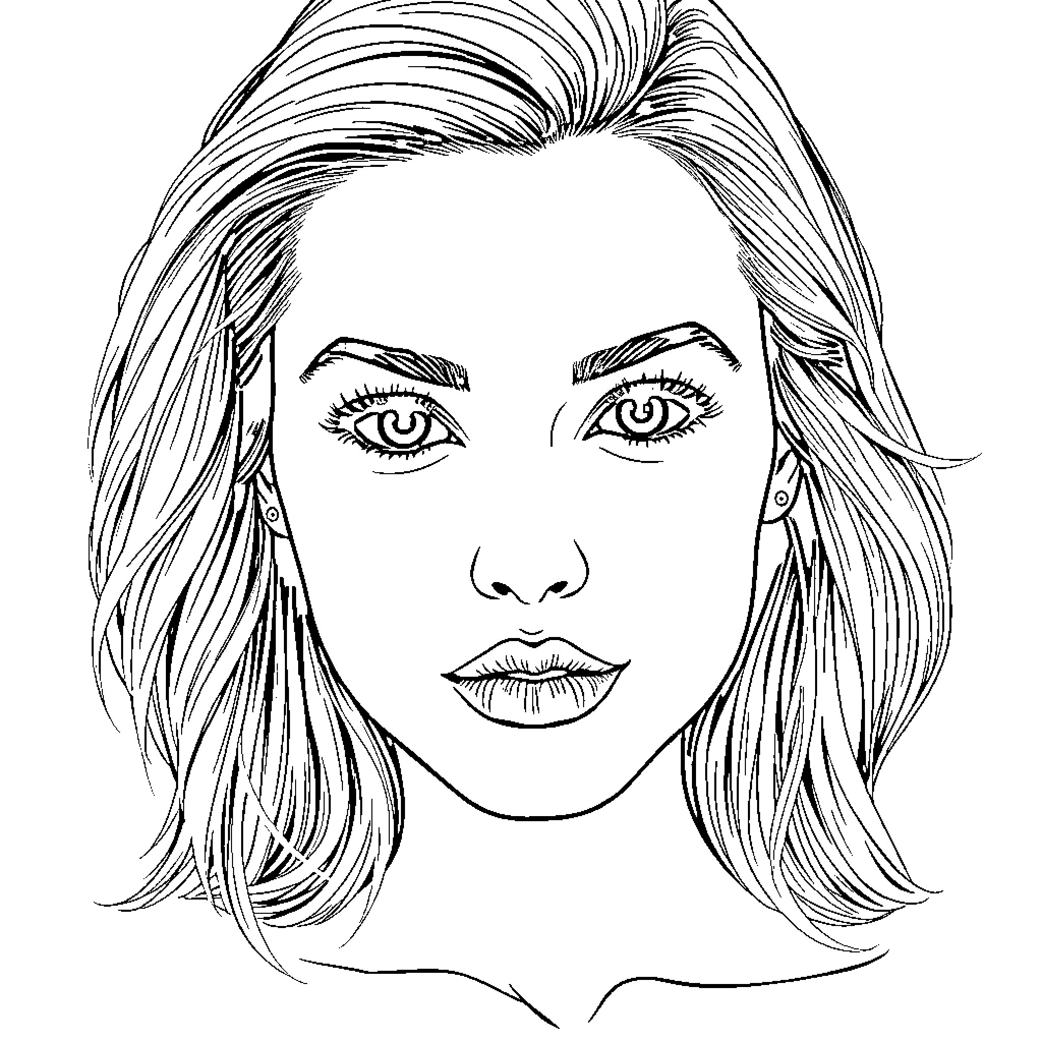 Blonde Girl with Captivating Expression Coloring Page (free black-and-white line drawing printable PDF for all, from beginners to advanced learners, including children, teens, adults, and seniors)