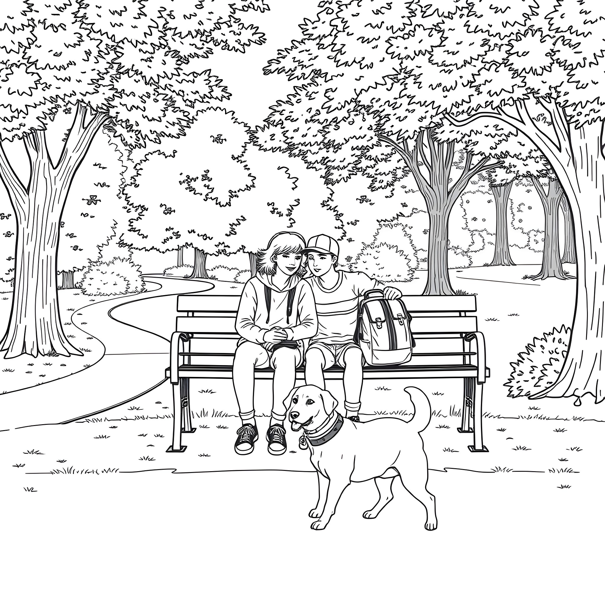 Teen couple relaxing on bench with pet dog in park Coloring Page (free black-and-white line drawing printable PDF for all, from beginners to advanced learners, including children, teens, adults, and seniors)