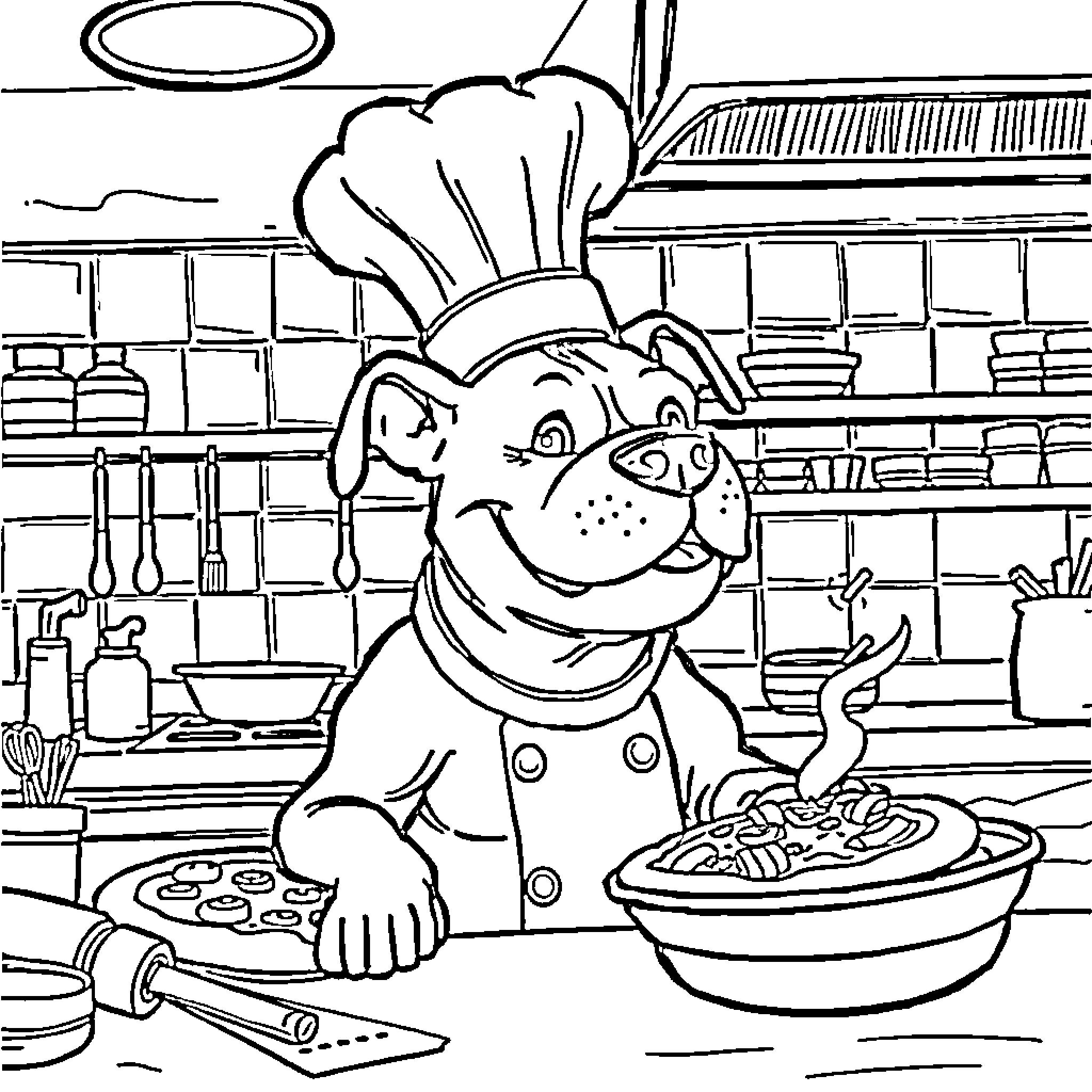 Pitbull chef cooking deliciously in the kitchen Coloring Page (free black-and-white line drawing printable PDF for all, from beginners to advanced learners, including children, teens, adults, and seniors)