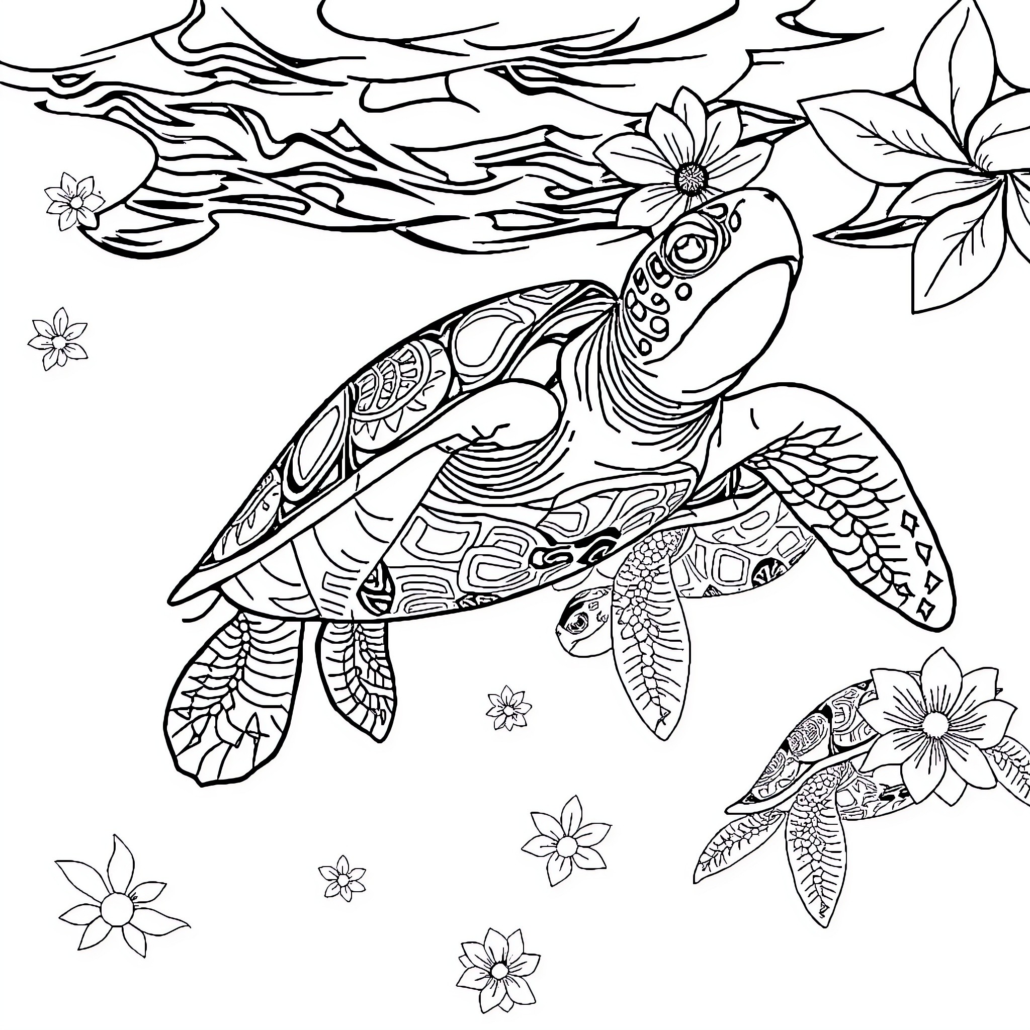 Sea Turtle swimming among floral designs Coloring Page (free black-and-white line drawing printable PDF for all, from beginners to advanced learners, including children, teens, adults, and seniors)