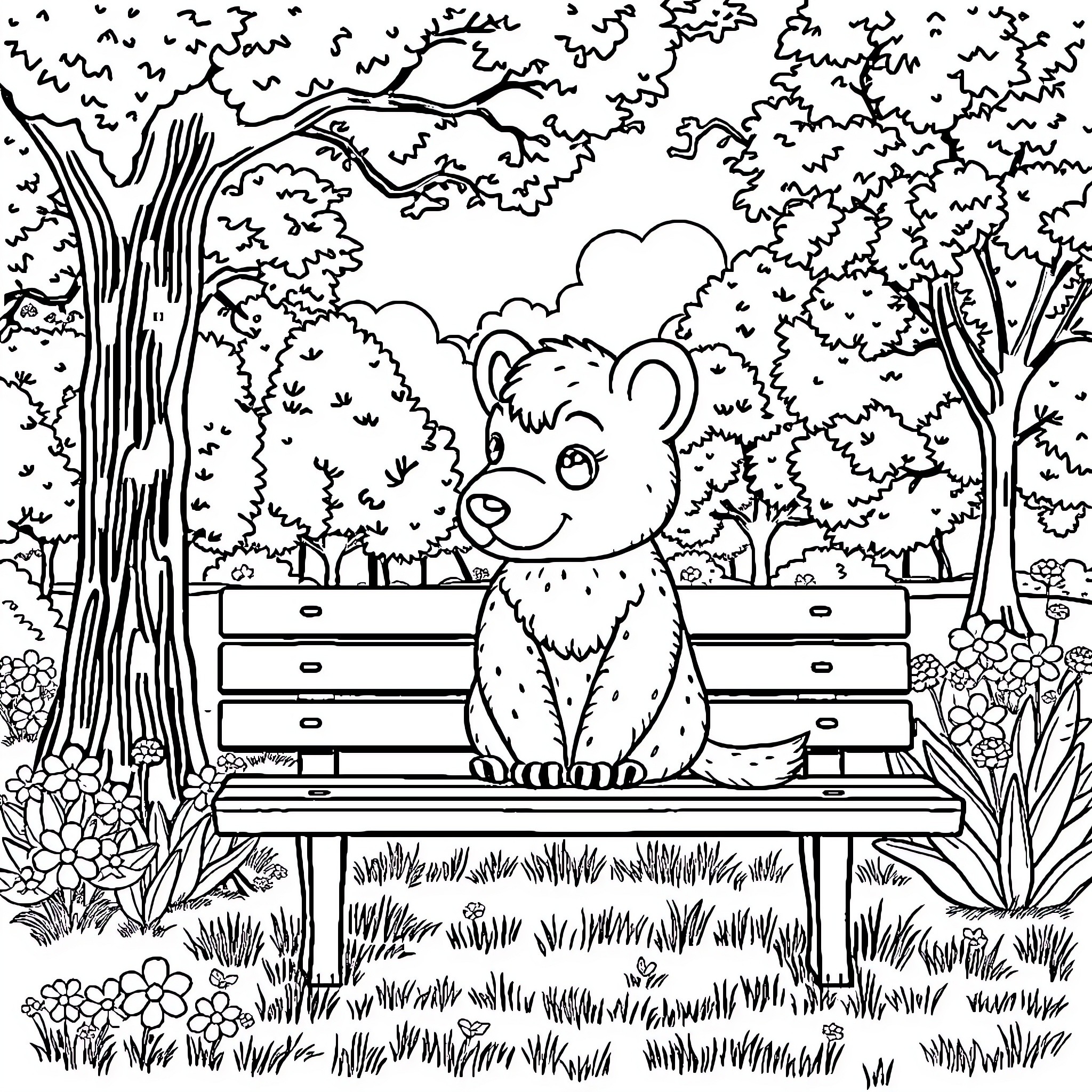 Labubu sitting on a bench in the park Coloring Page (free black-and-white line drawing printable PDF for all, from beginners to advanced learners, including children, teens, adults, and seniors)