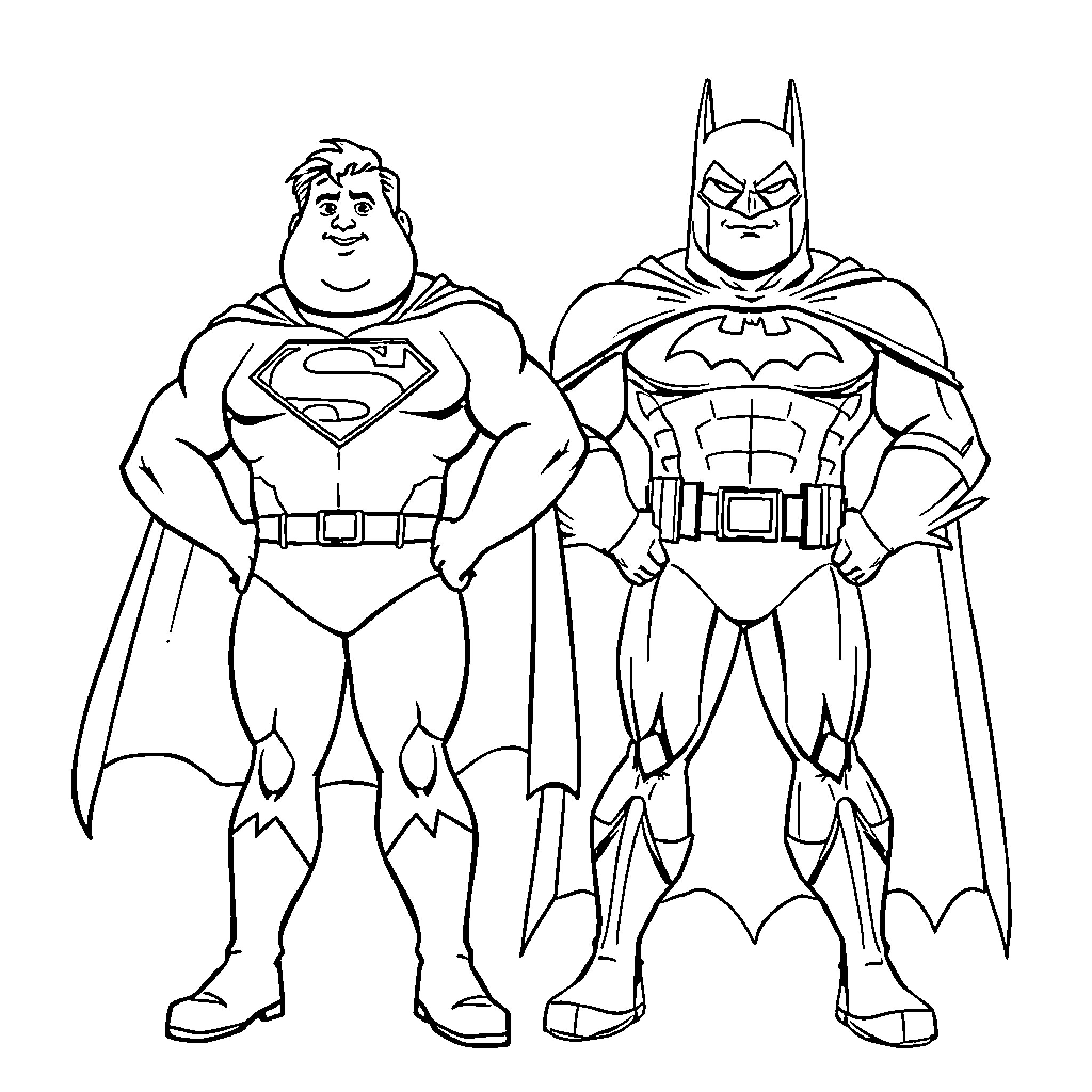 Superman and Batman standing together heroically Coloring Page (free black-and-white line drawing printable PDF for all, from beginners to advanced learners, including children, teens, adults, and seniors)