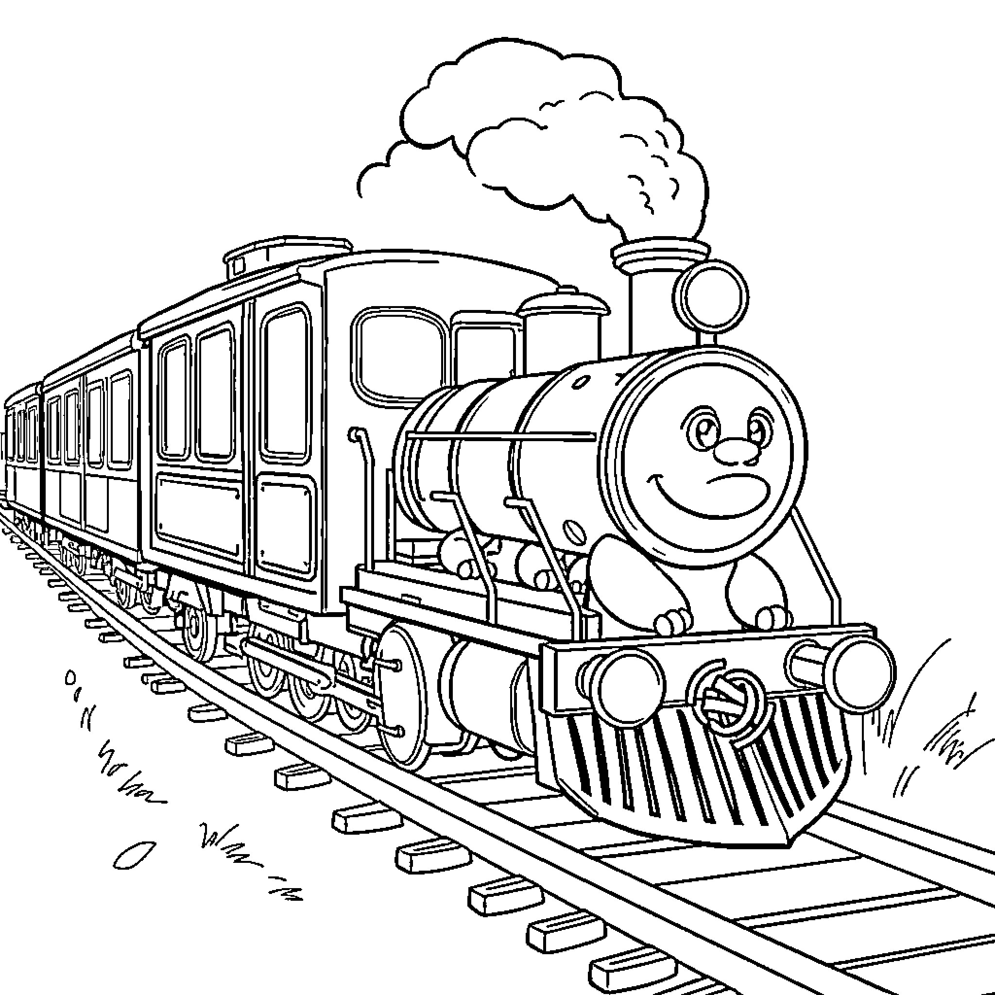 Train with Smiling Engine Chugging Along Tracks Coloring Page (free black-and-white line drawing printable PDF for all, from beginners to advanced learners, including children, teens, adults, and seniors)