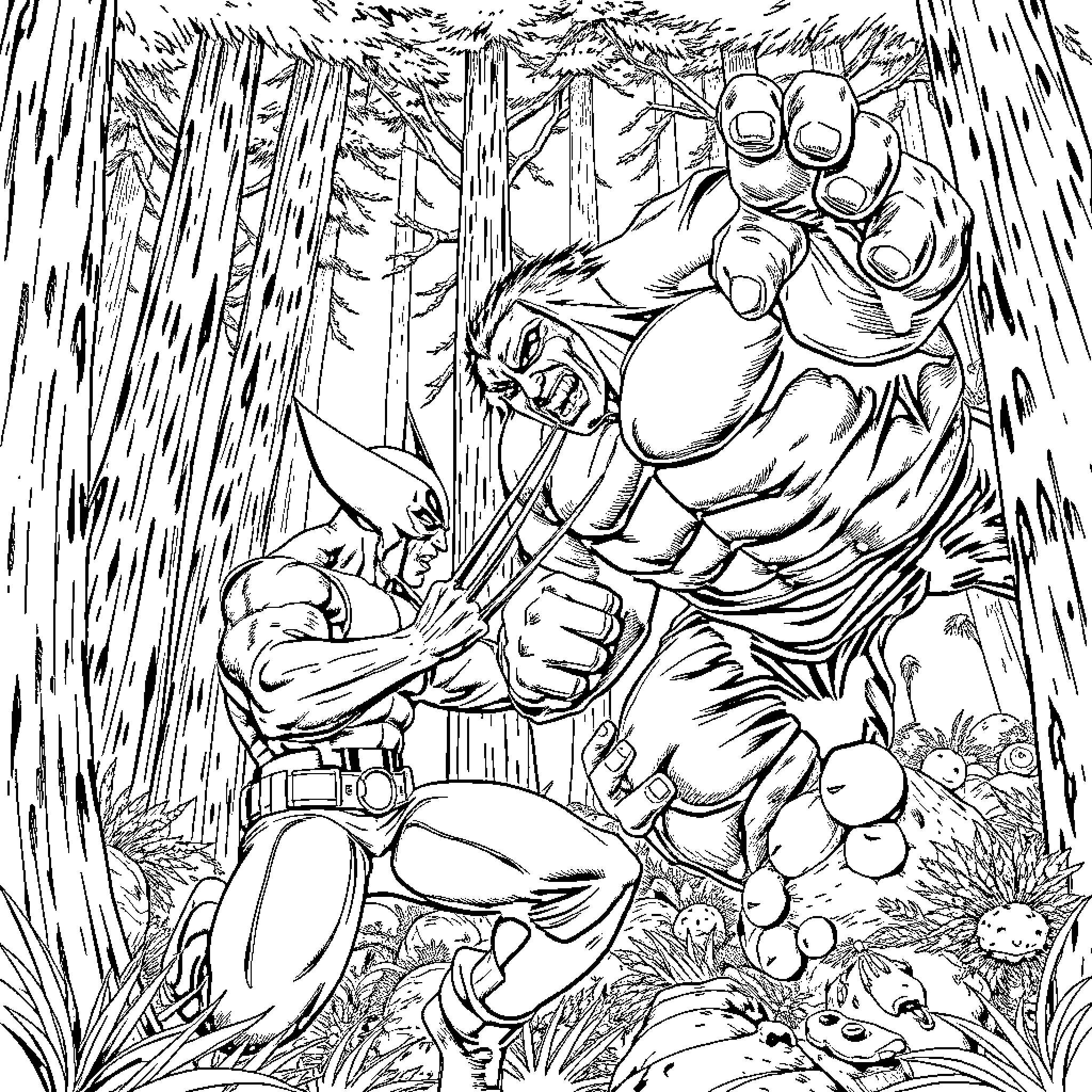 Wolverine battling a fierce creature in the wilderness Coloring Page (free black-and-white line drawing printable PDF for all, from beginners to advanced learners, including children, teens, adults, and seniors)