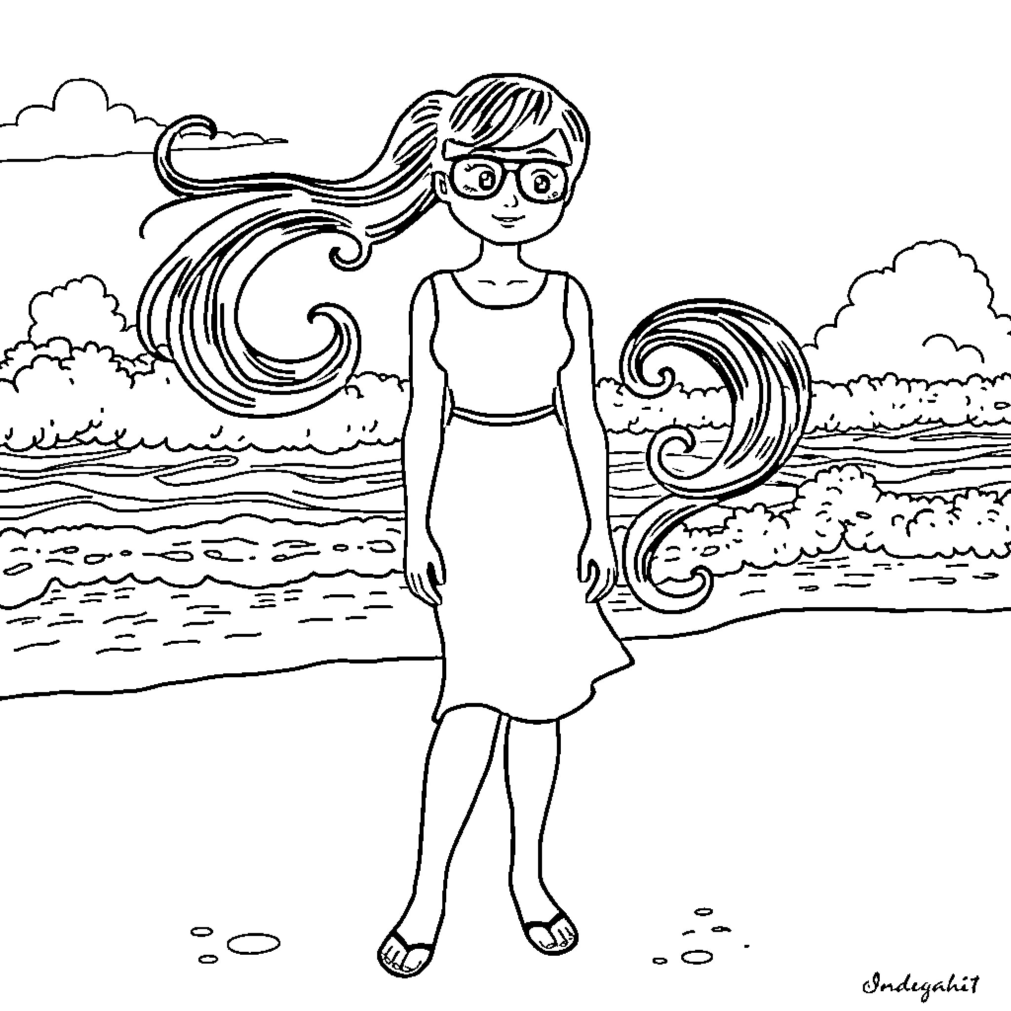 Wednesday Addams enjoying a peaceful day at the beach Coloring Page (free black-and-white line drawing printable PDF for all, from beginners to advanced learners, including children, teens, adults, and seniors)