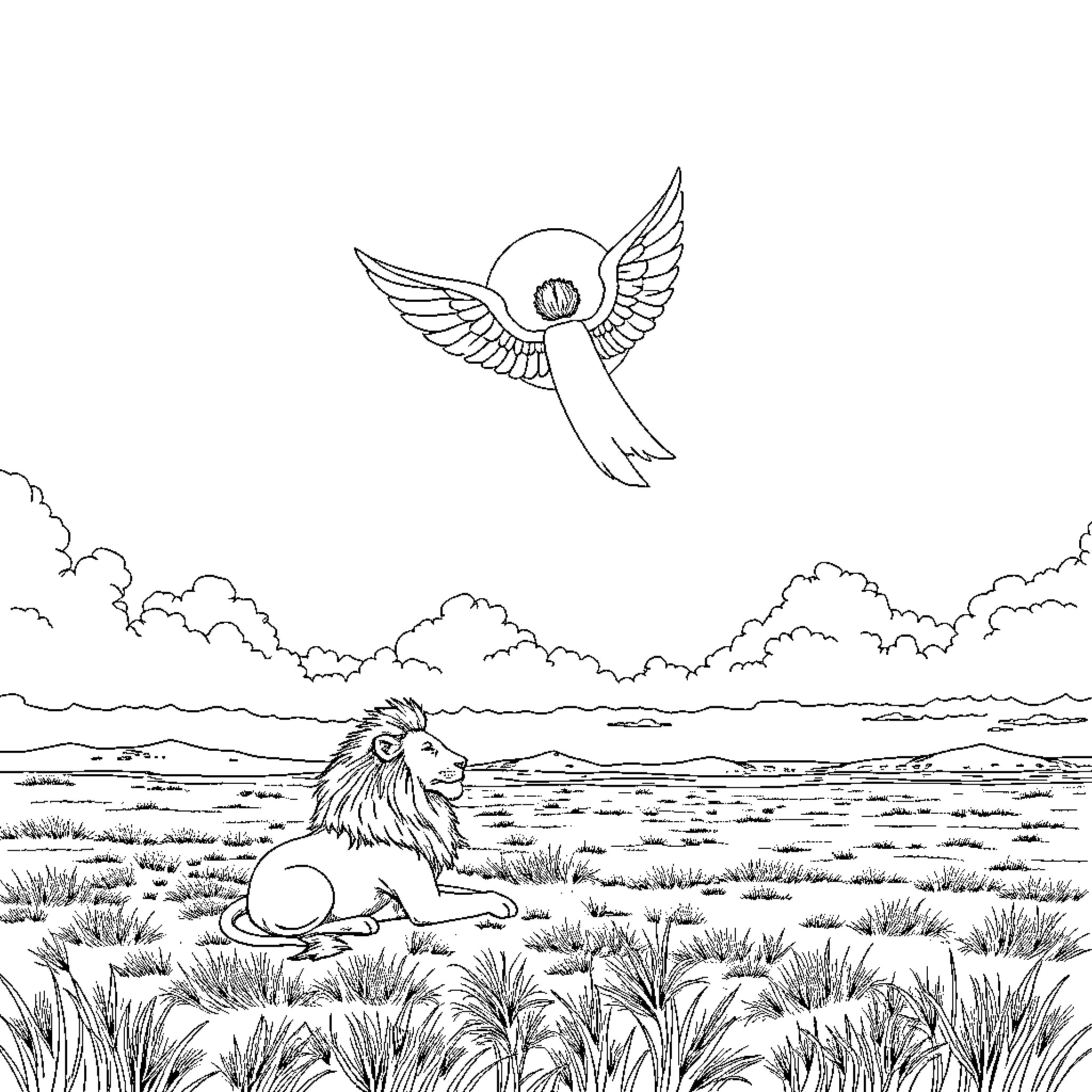 Angel Watching Over Peaceful Landscape Coloring Page (free black-and-white line drawing printable PDF for all, from beginners to advanced learners, including children, teens, adults, and seniors)