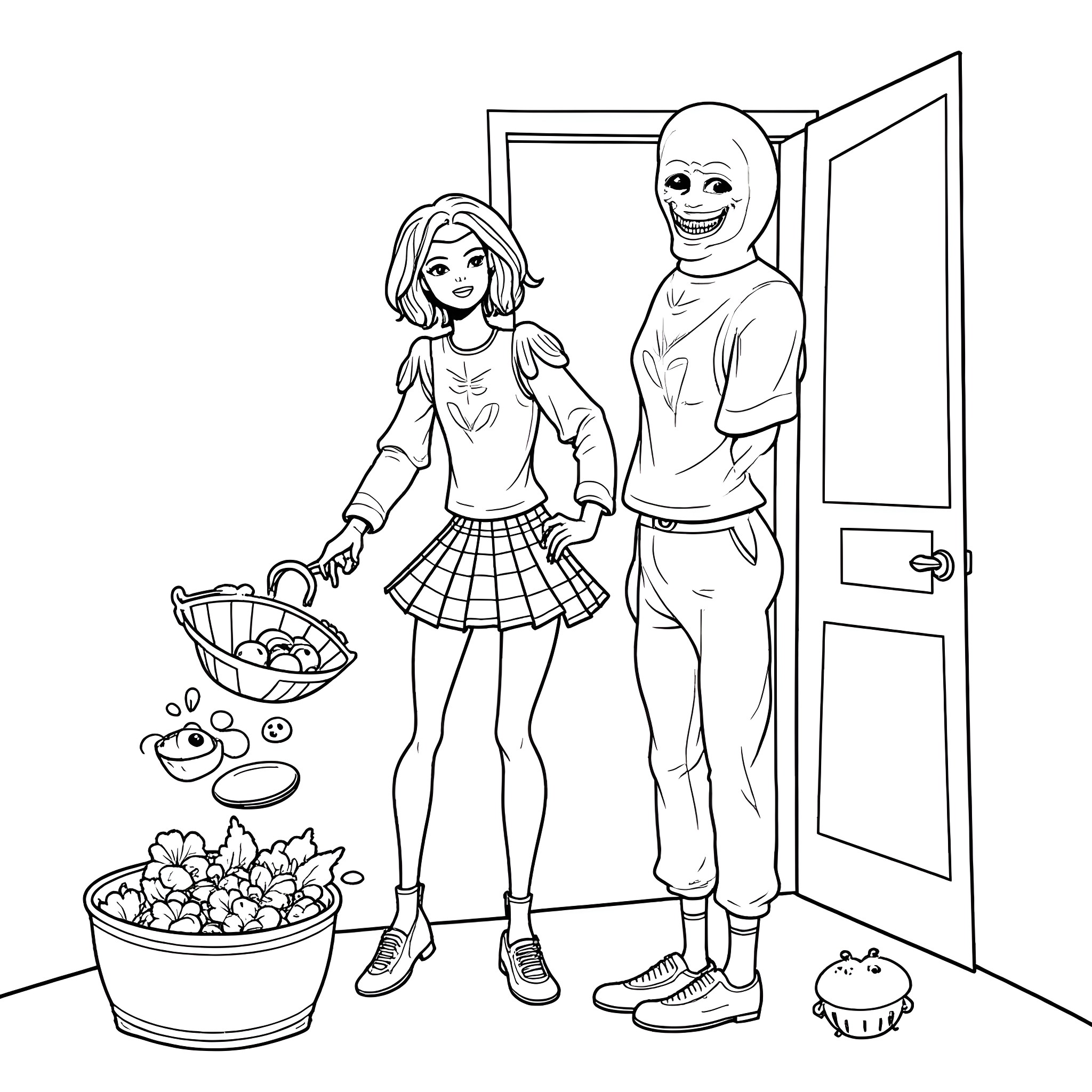 Bobbie's Quirky Escapade: A Peculiar Encounter Coloring Page (free black-and-white line drawing printable PDF for all, from beginners to advanced learners, including children, teens, adults, and seniors)