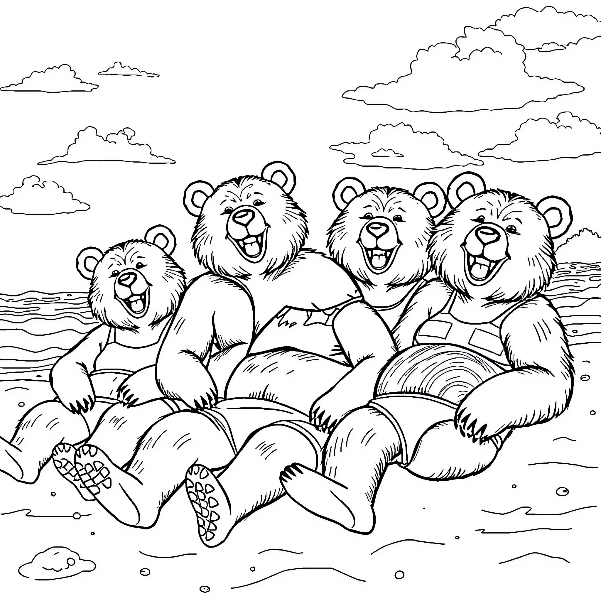 Bear friends laughing and playing on the beach Coloring Page (free black-and-white line drawing printable PDF for all, from beginners to advanced learners, including children, teens, adults, and seniors)
