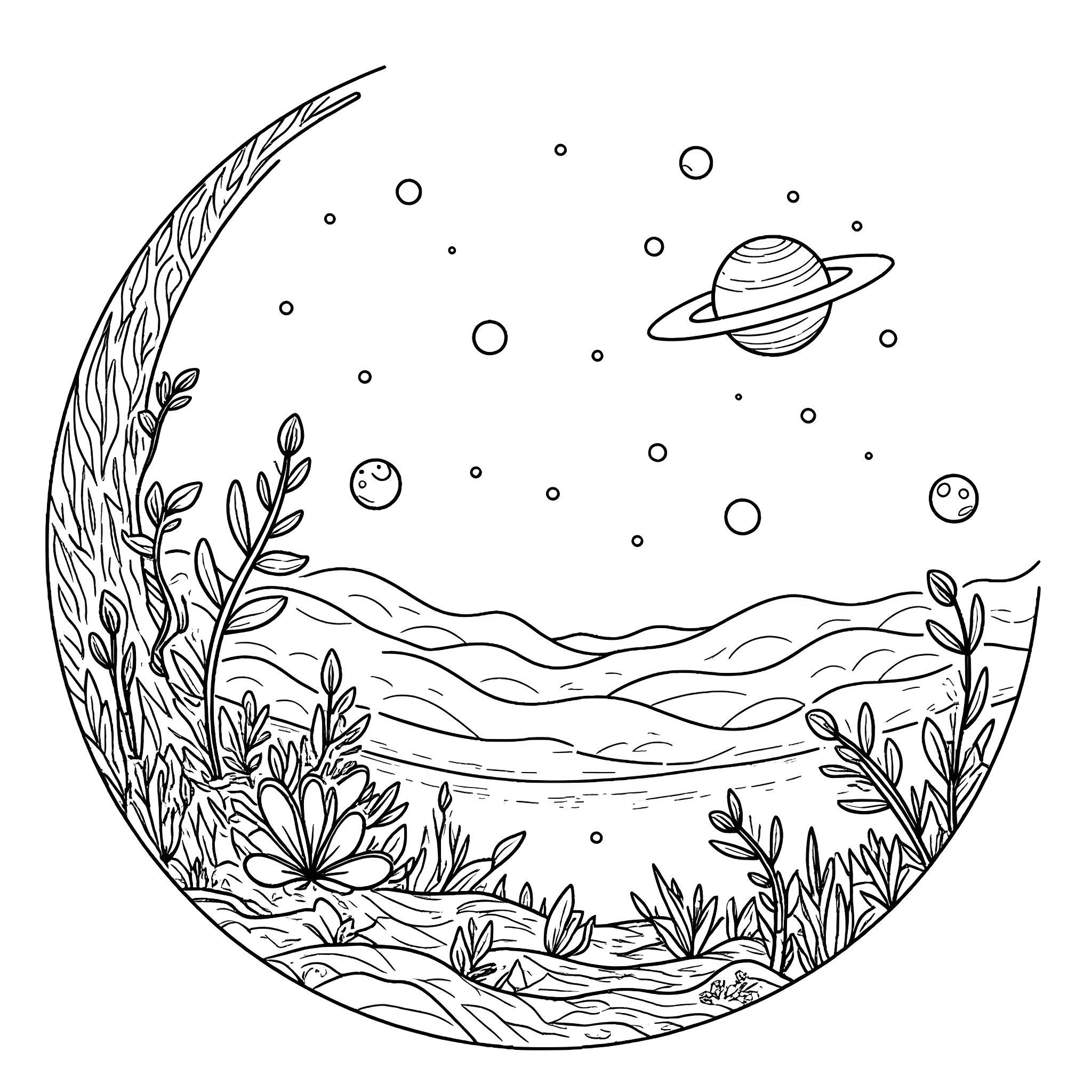 Tattoo of a celestial landscape with planets and flora Coloring Page (free black-and-white line drawing printable PDF for all, from beginners to advanced learners, including children, teens, adults, and seniors)