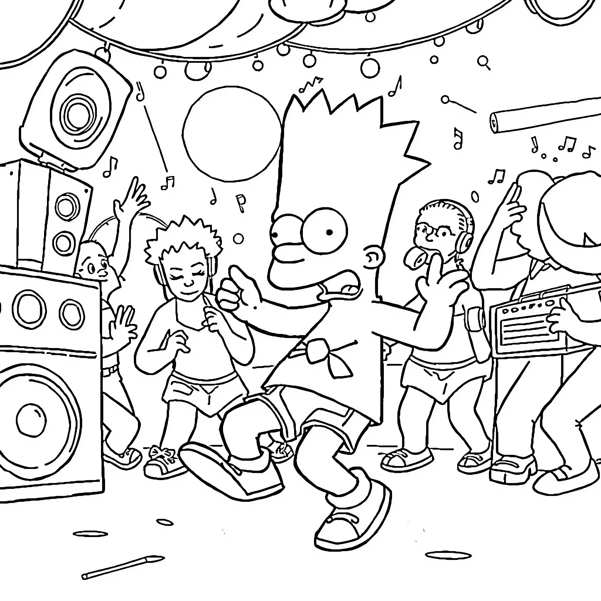 Bart Simpson and friends enjoy a lively music festival Coloring Page (free black-and-white line drawing printable PDF for all, from beginners to advanced learners, including children, teens, adults, and seniors)
