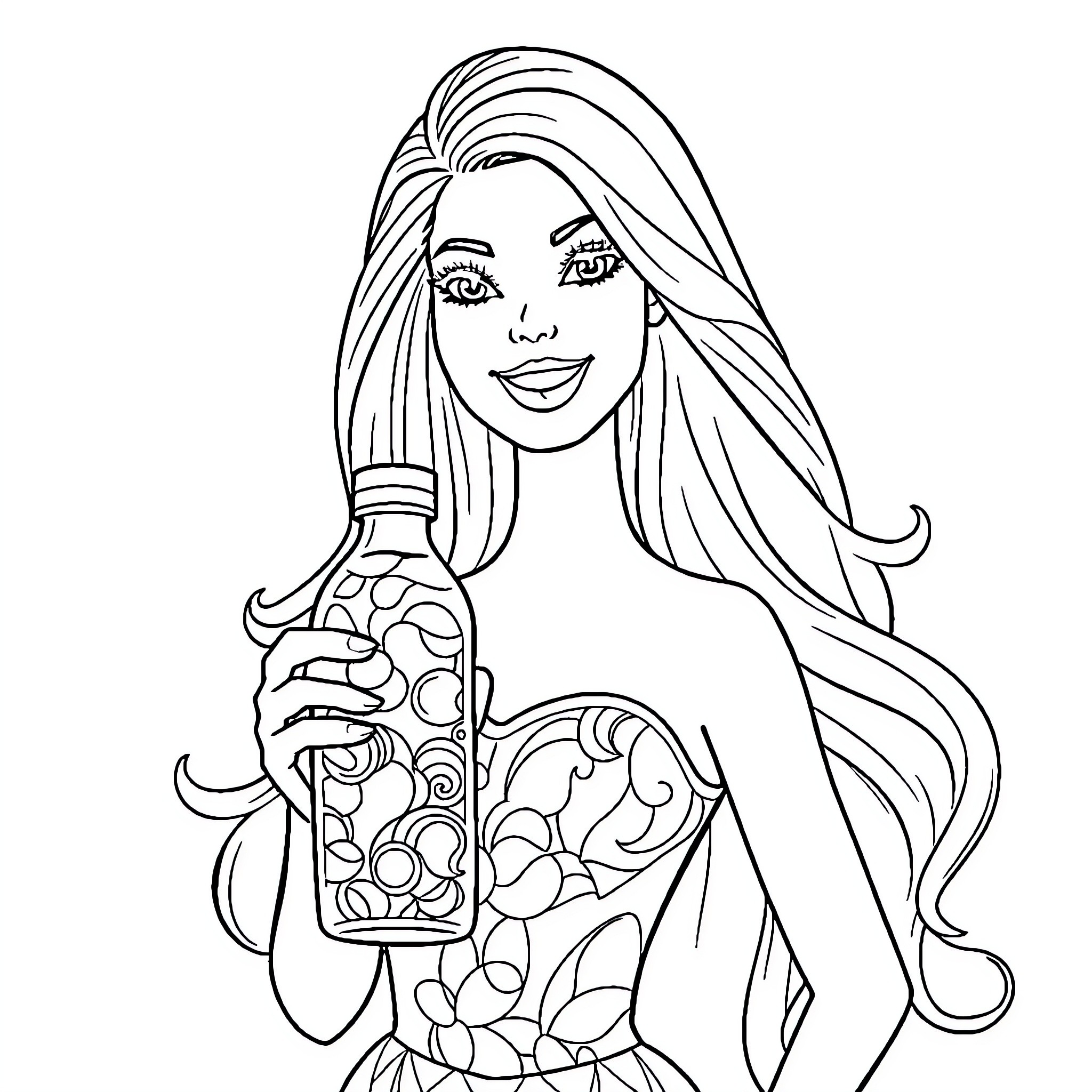 Barbie enjoying a colorful beverage Coloring Page (free black-and-white line drawing printable PDF for all, from beginners to advanced learners, including children, teens, adults, and seniors)