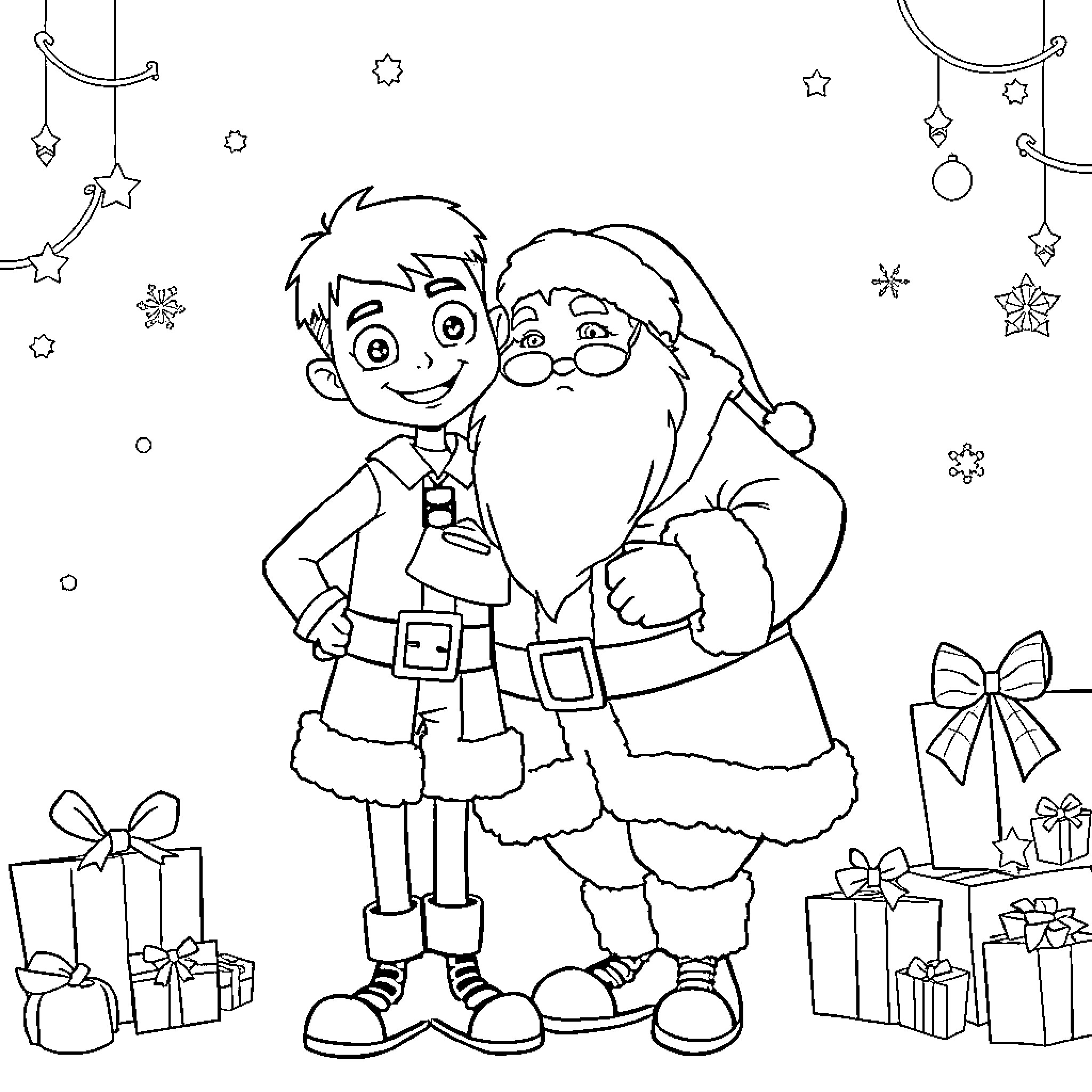 Ben 10 meets Santa Claus with holiday decor Coloring Page (free black-and-white line drawing printable PDF for all, from beginners to advanced learners, including children, teens, adults, and seniors)