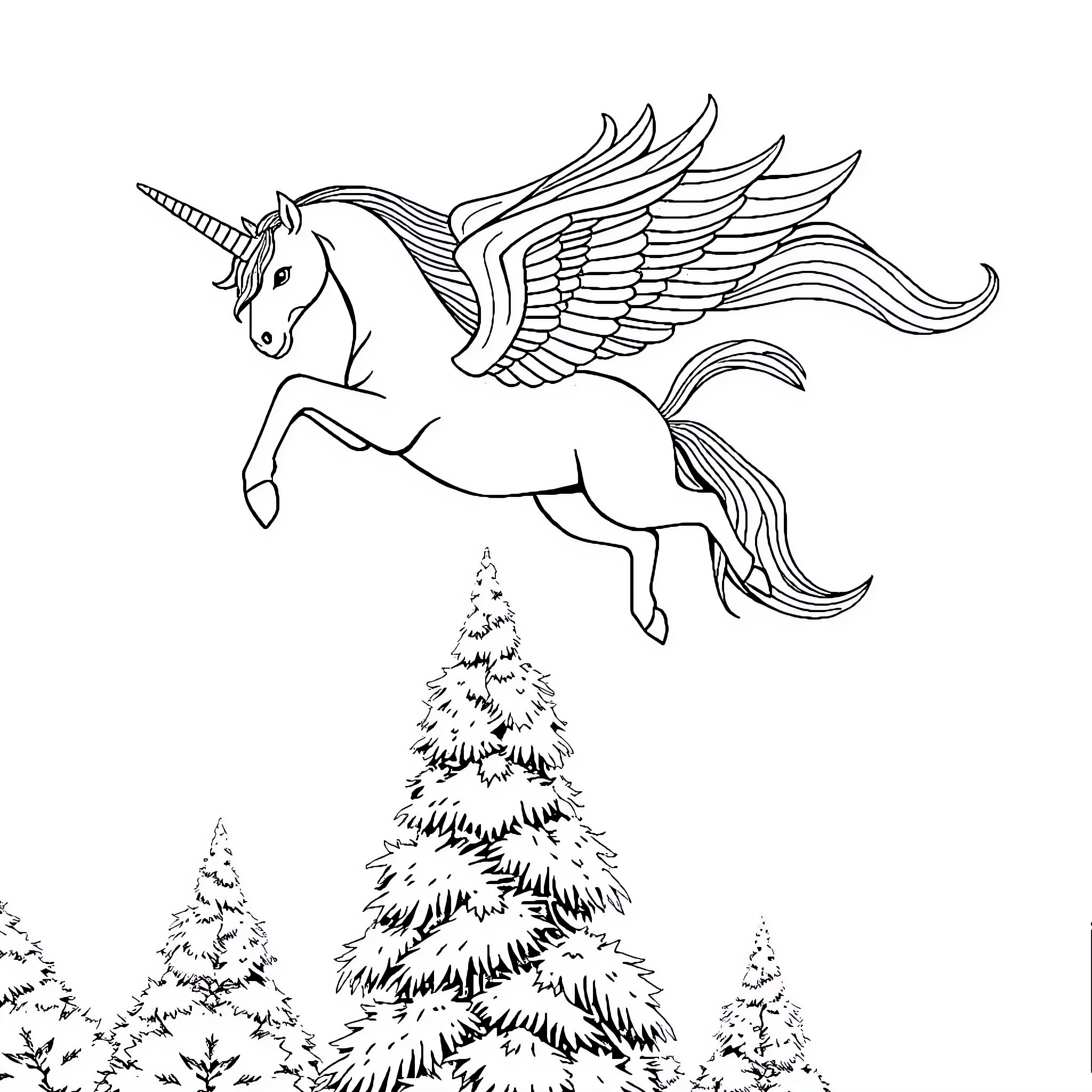 Unicorn soaring over snowy landscape Coloring Page (free black-and-white line drawing printable PDF for all, from beginners to advanced learners, including children, teens, adults, and seniors)