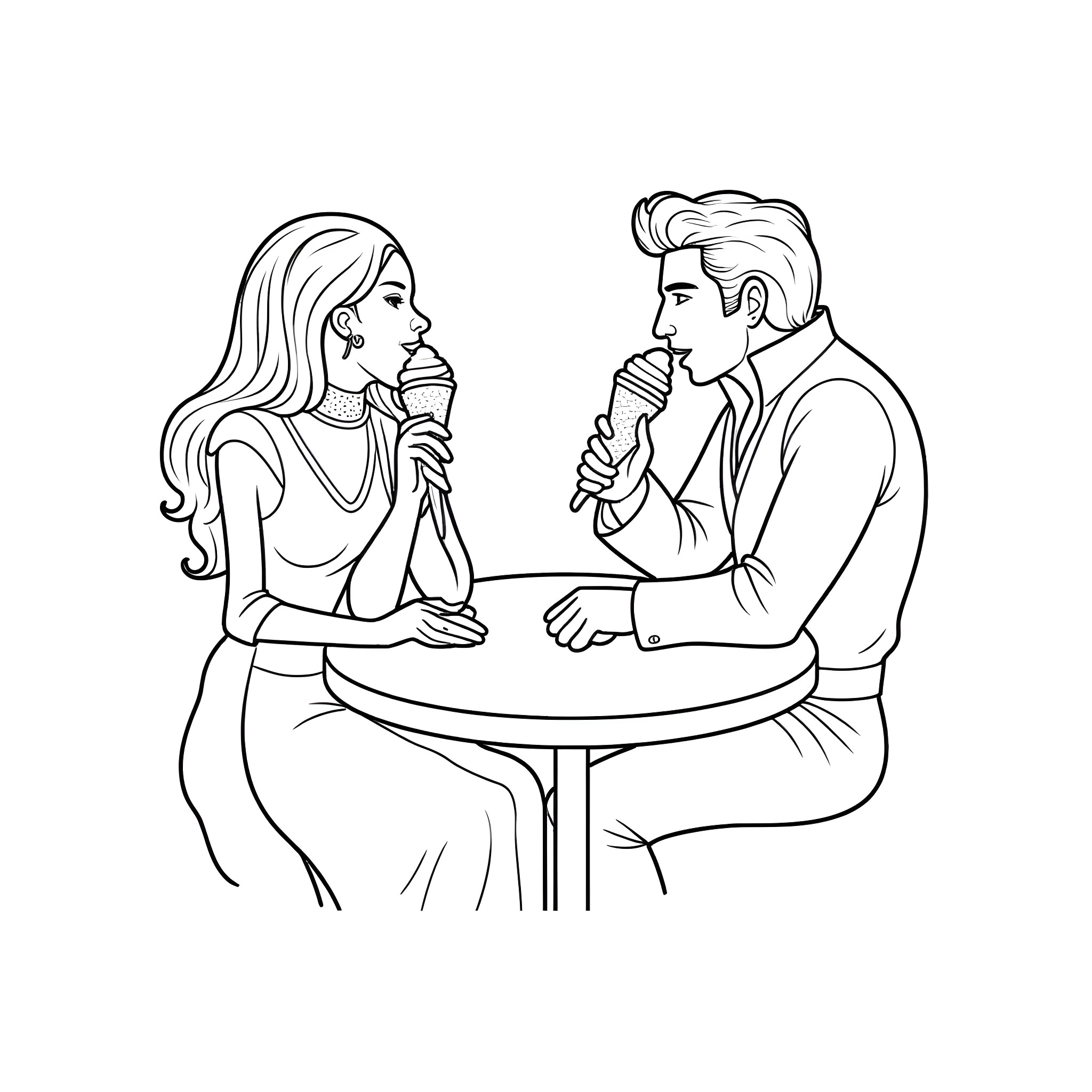 Beyonce and her companion enjoying an ice cream date Coloring Page (free black-and-white line drawing printable PDF for all, from beginners to advanced learners, including children, teens, adults, and seniors)
