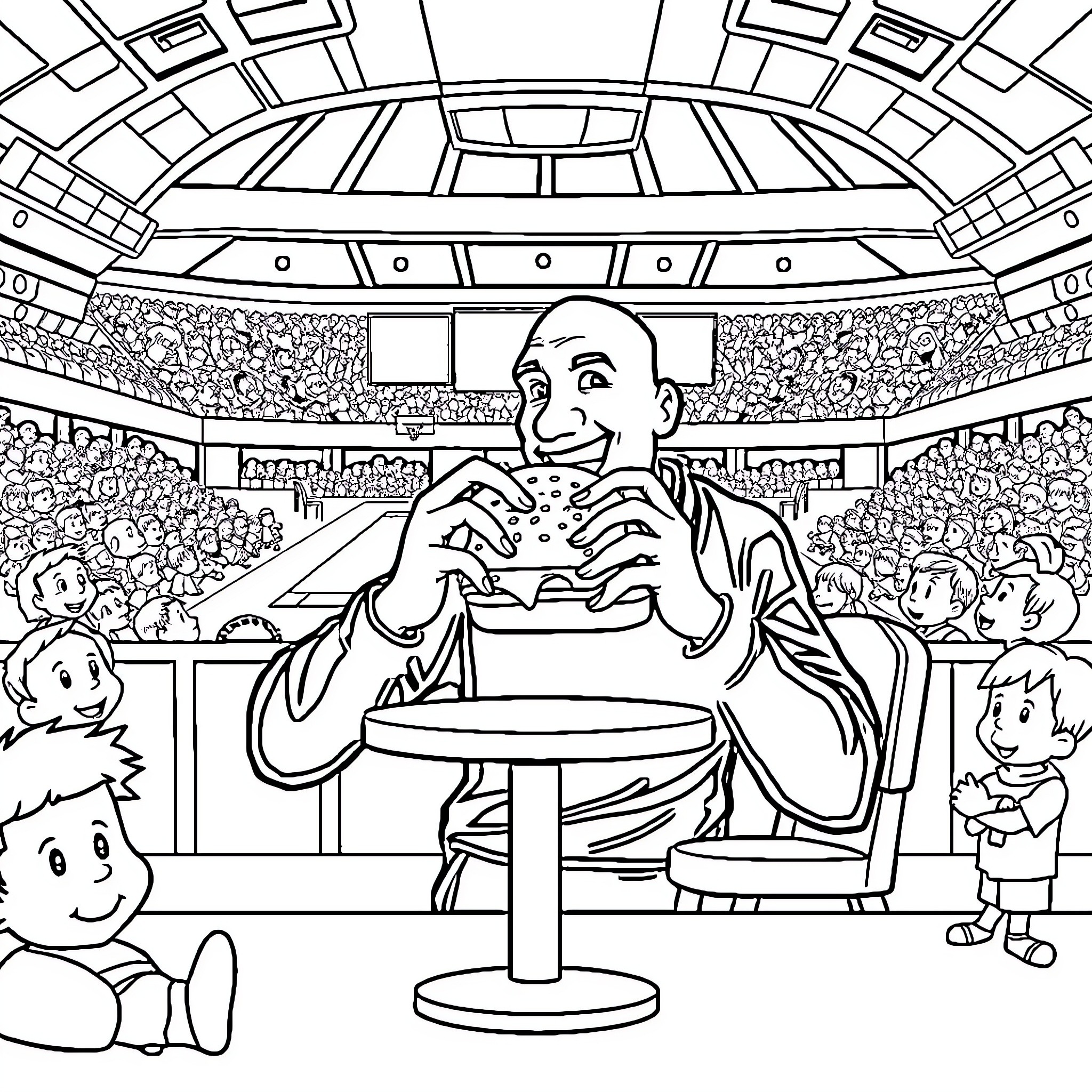 Michael Jordan enjoying a meal with fans in the arena Coloring Page (free black-and-white line drawing printable PDF for all, from beginners to advanced learners, including children, teens, adults, and seniors)