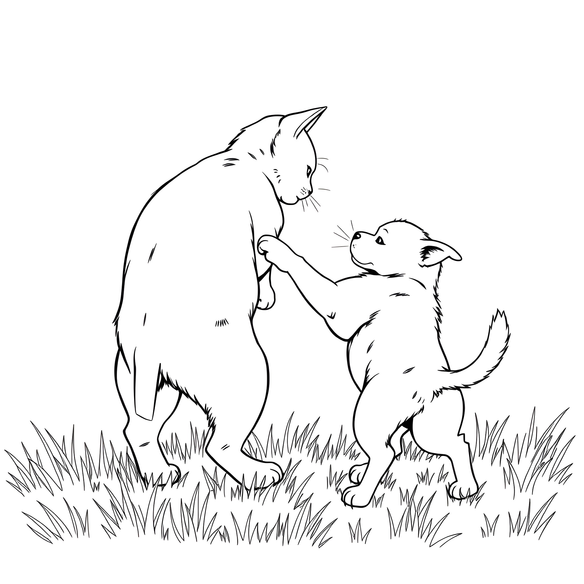 Cat playfully interacting with puppy in grassy field Coloring Page (free black-and-white line drawing printable PDF for all, from beginners to advanced learners, including children, teens, adults, and seniors)